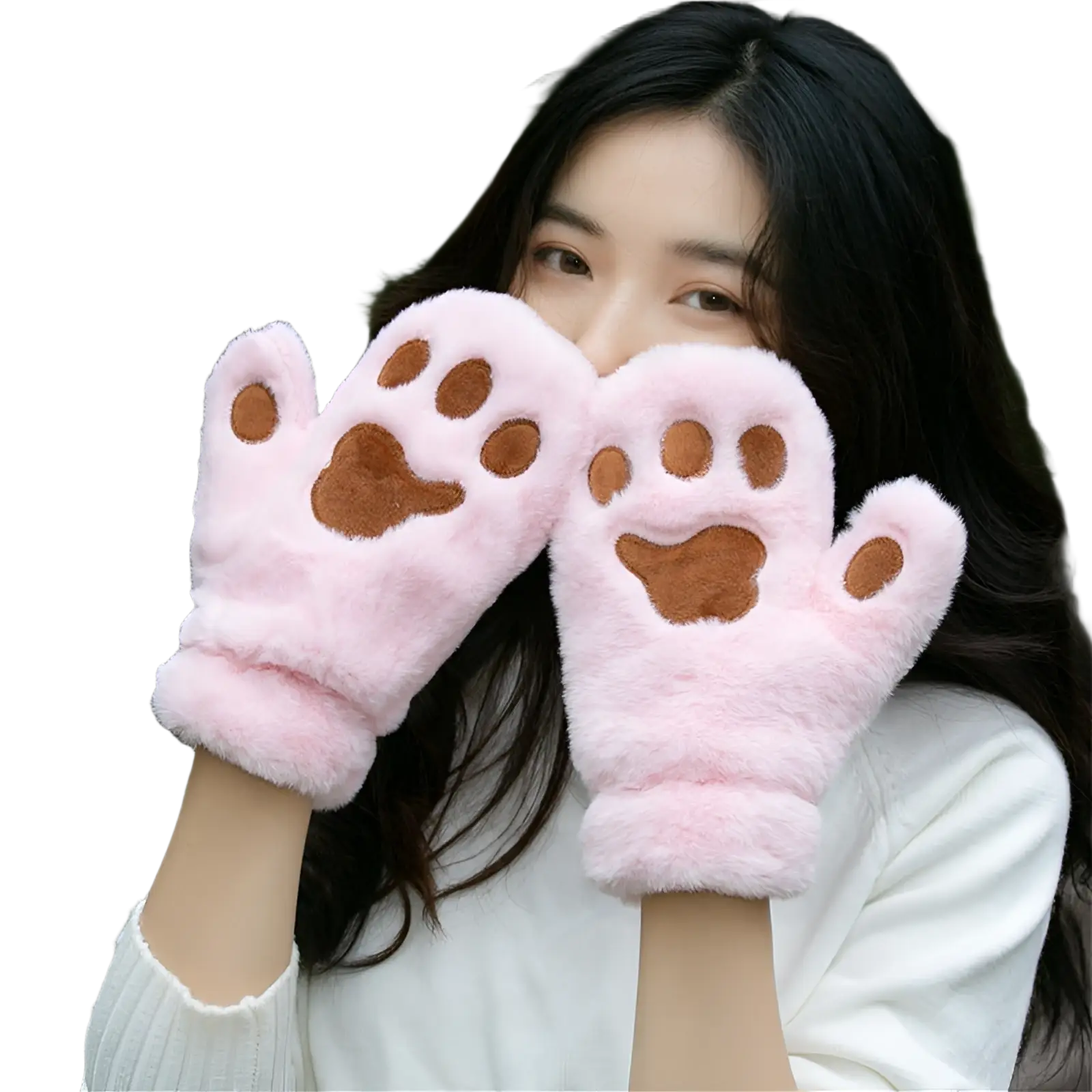 Pink fluffy cat paw plush winter mittens with brown paw print design on the palms warm fuzzy gloves