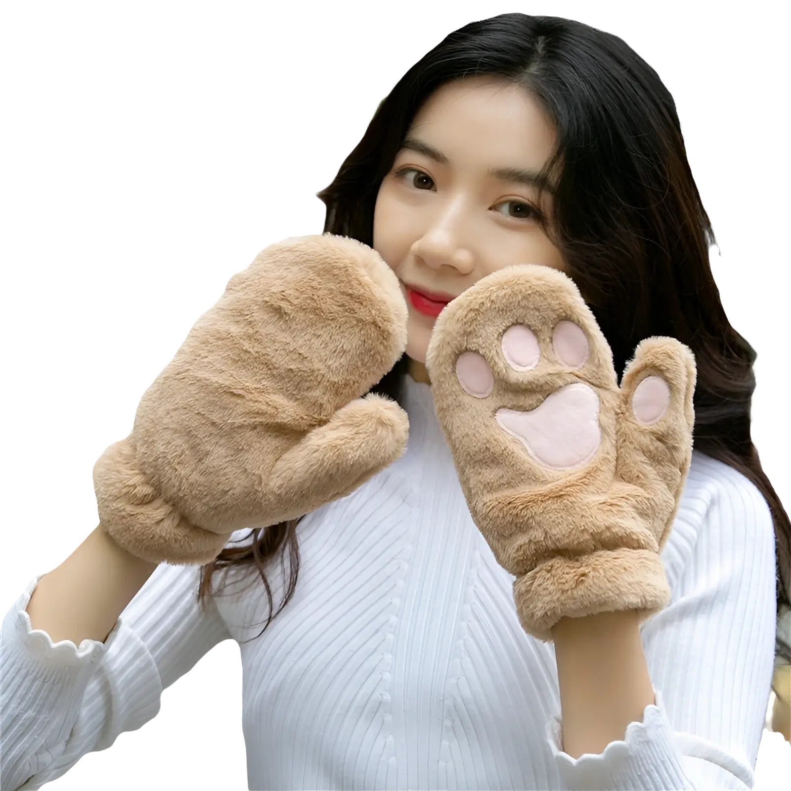 Soft tan fuzzy cat paw plush winter mittens with pink paw print designs on the back for warm cold weather use