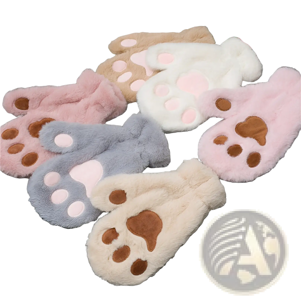 Cat paw plush winter mittens soft plush fuzzy warm gloves in pastel pink white beige and lavender with brown accents
