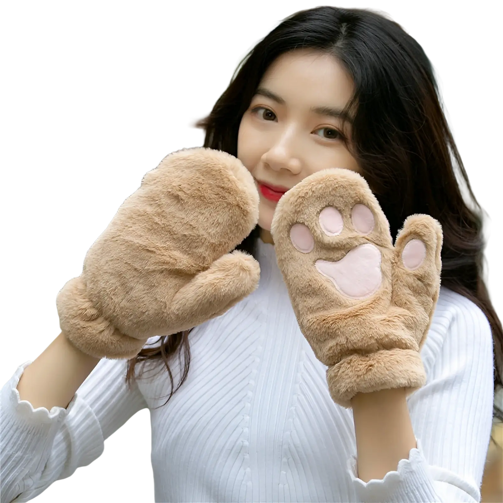 Soft tan fuzzy cat paw plush winter mittens with pink paw print designs on the back for warm glove use