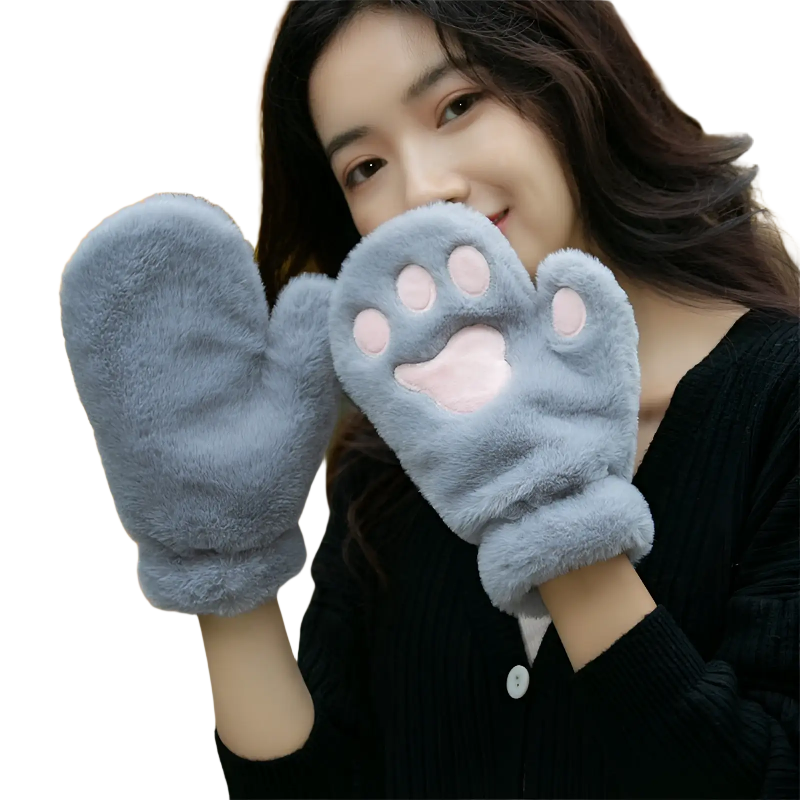 Soft blue fuzzy winter mittens with pink cat paw prints on the back made from plush warm material