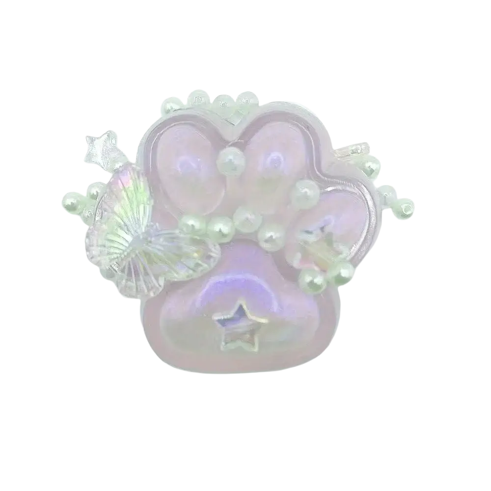 Pastel iridescent cat paw squeeze toy charm with pearls crystal butterfly and star accents for stress relief