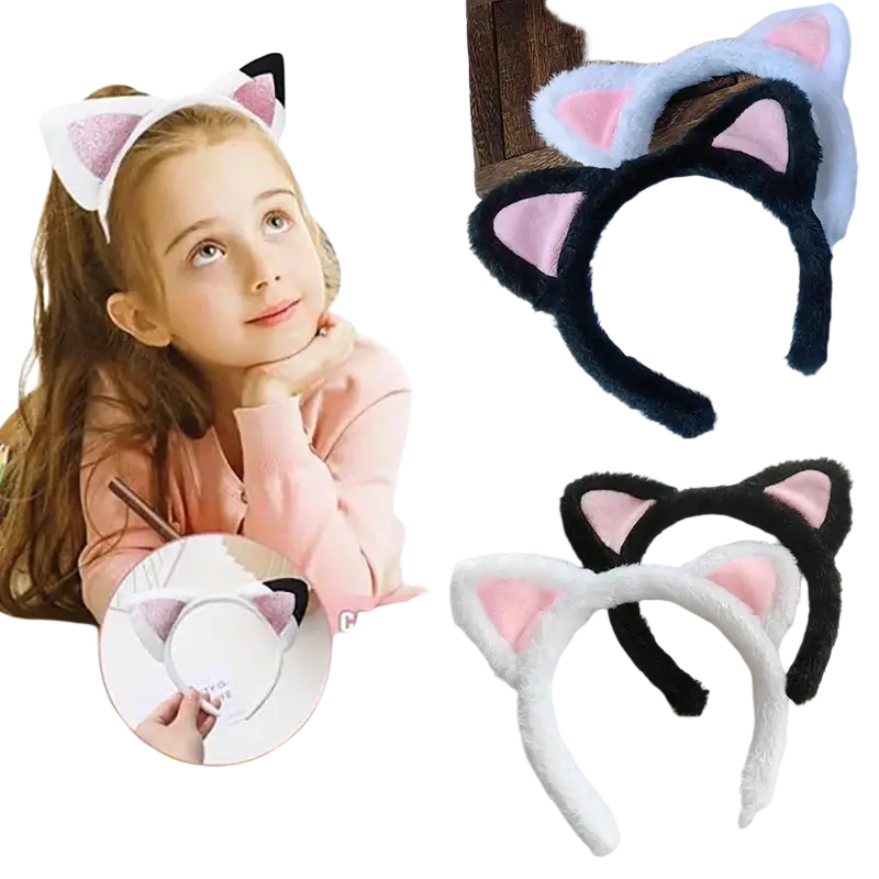 Adorable cat pink ear headband with soft plush material and pink inner ears available in black or white