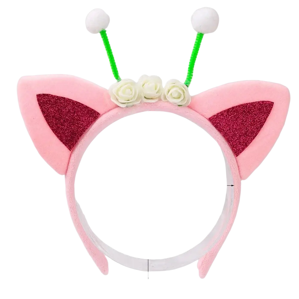 Pink felt cat pink ear headband with glittery burgundy panels white fabric roses and green antennae with pom-poms