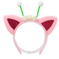 Pink felt cat pink ear headband with glittery burgundy panels white fabric roses and green antennae with pom-poms