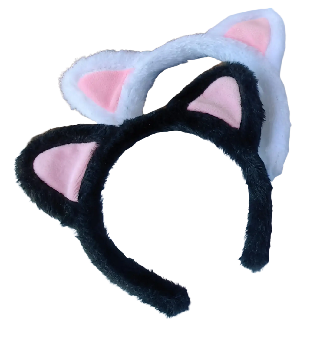 Fluffy kawaii cat pink ear headband with black and white plush material and soft pink inner ears hair accessory