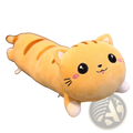 A soft long yellow plush cat pillow with orange stripes and white paws stuffed animal toy