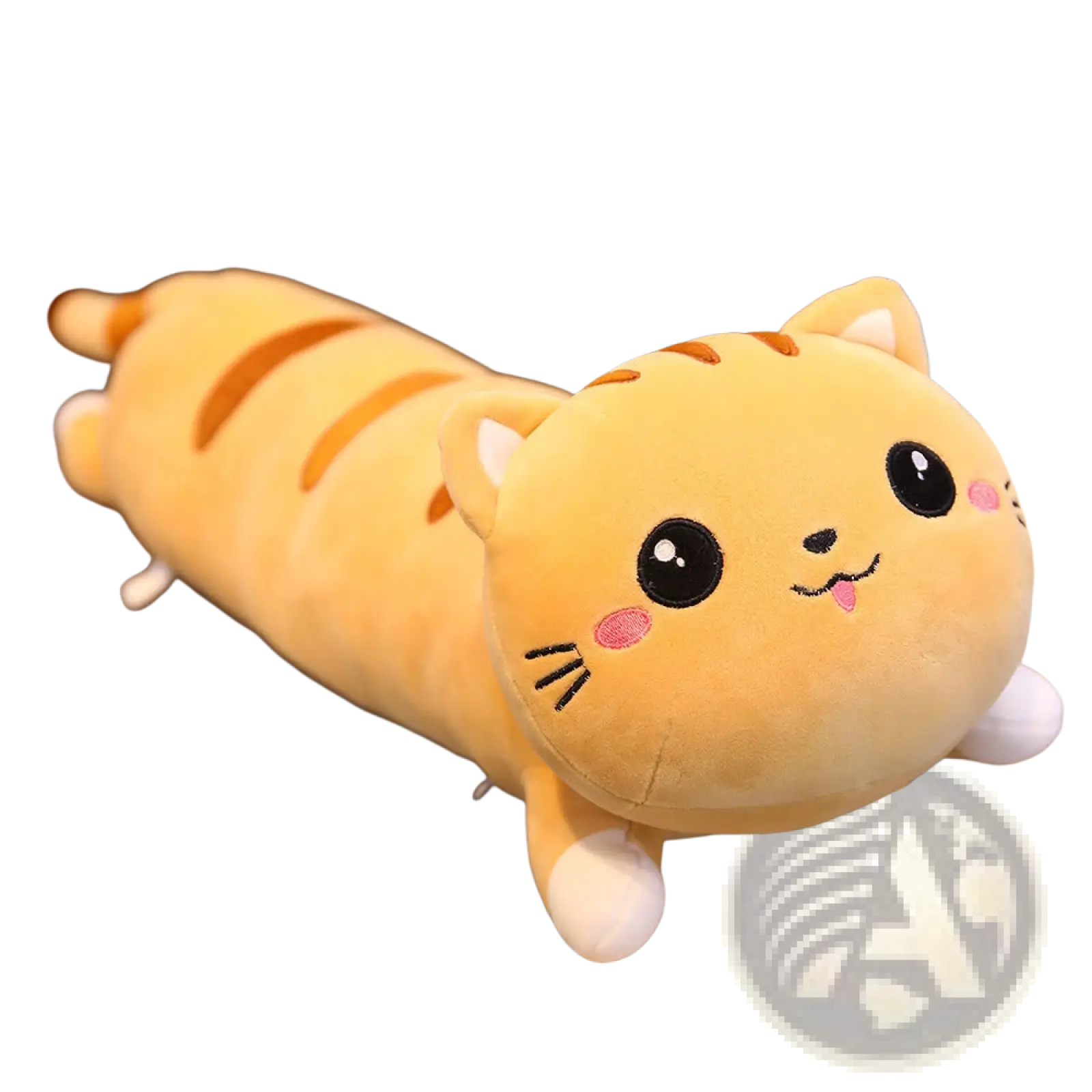 A soft long yellow plush cat pillow with orange stripes and white paws stuffed animal toy