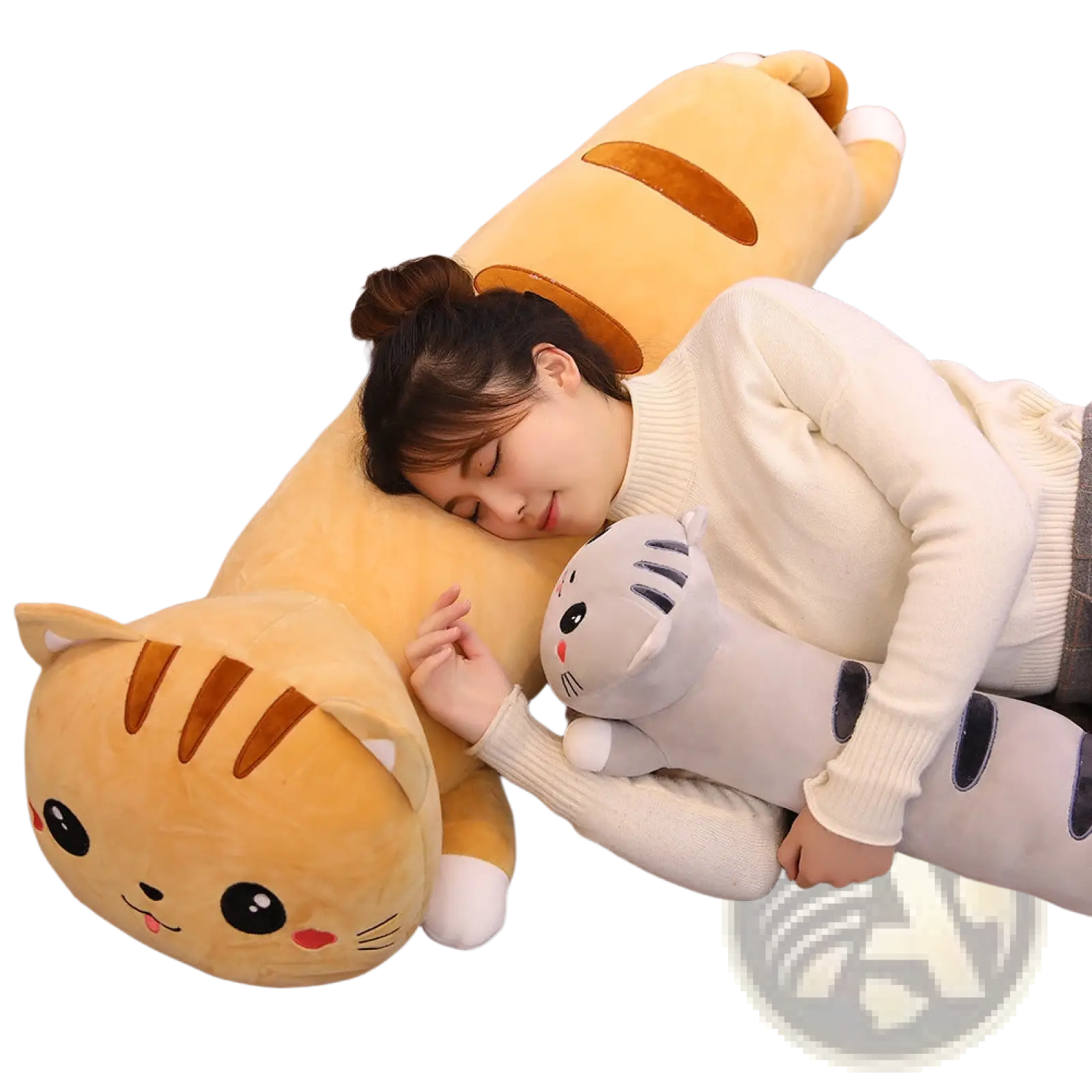 A long plush orange cat plush doll pillow with brown stripes white paws soft stuffed animal toy