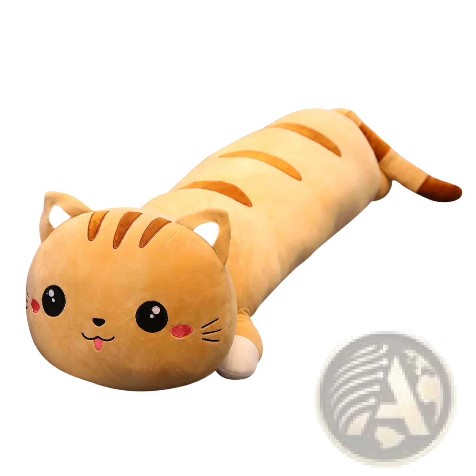 A plush tan cat-shaped pillow with brown stripes soft stuffed animal toy for comfort and decoration