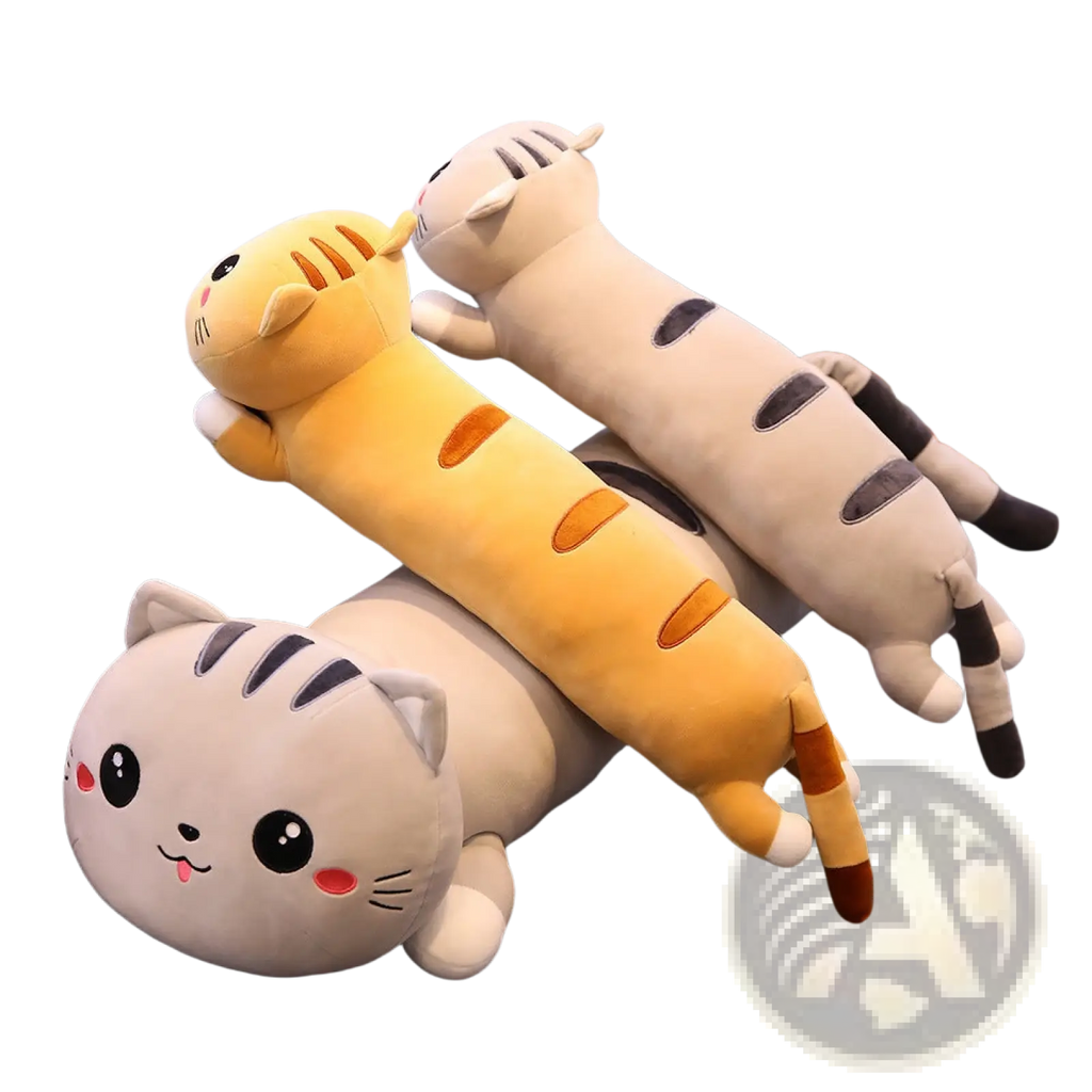 Three cat plush doll pillows in yellow and gray soft fabric with embroidered faces for cuddling and decoration