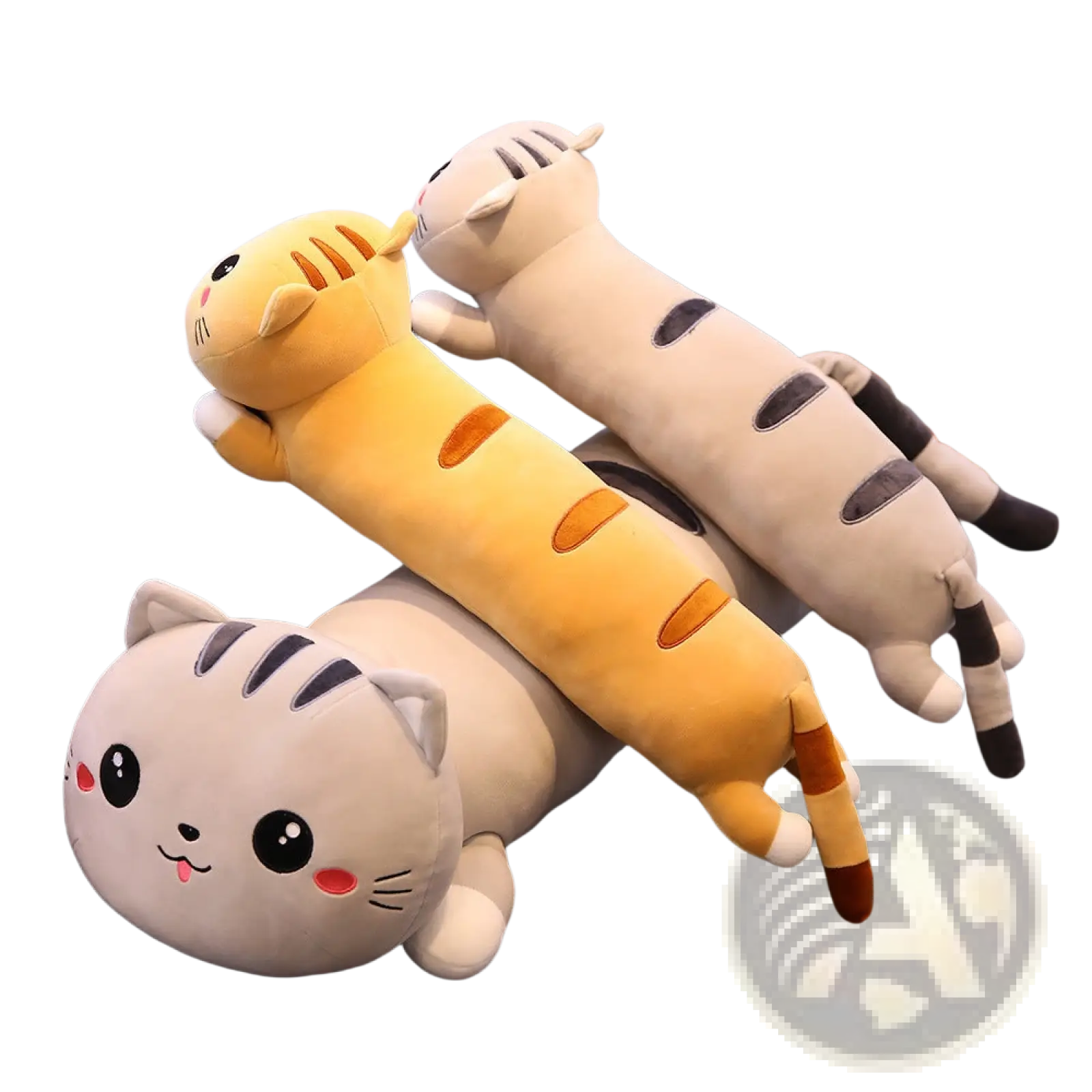 Three cat plush doll pillows in yellow and gray soft fabric with embroidered faces for cuddling and decoration