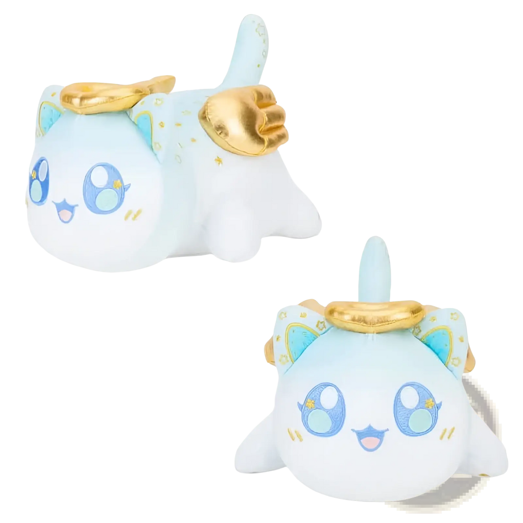 Cute light blue plush cat stuffed animal toy with golden angel wings and halo featuring embroidered eyes and soft texture