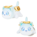 Cute light blue plush cat stuffed animal toy with golden angel wings and halo featuring embroidered eyes and soft texture