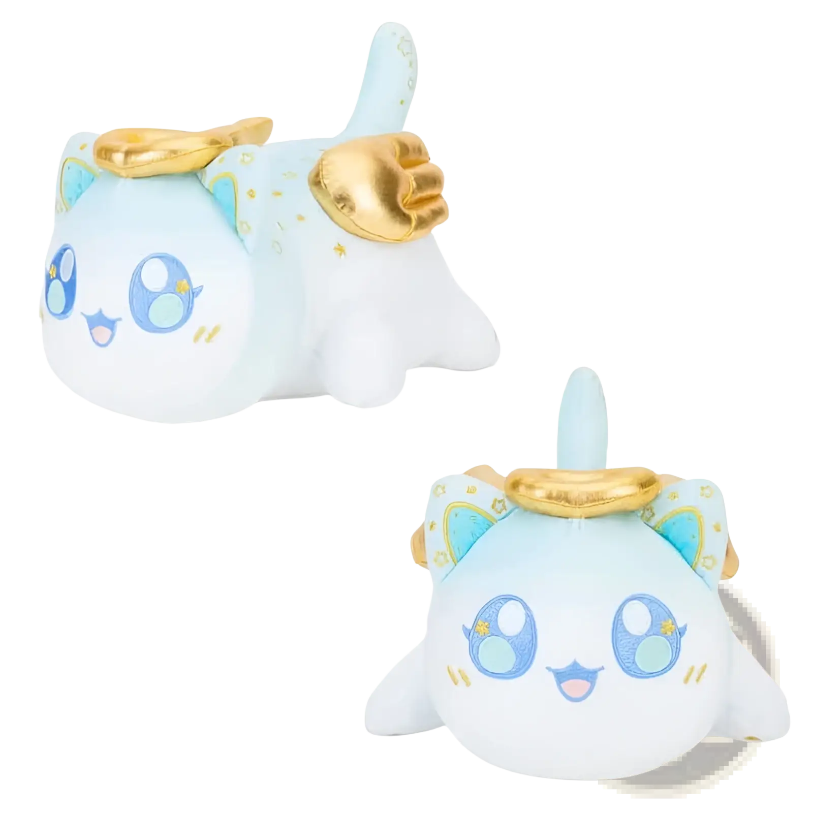 Cute light blue plush cat stuffed animal toy with golden angel wings and halo featuring embroidered eyes and soft texture