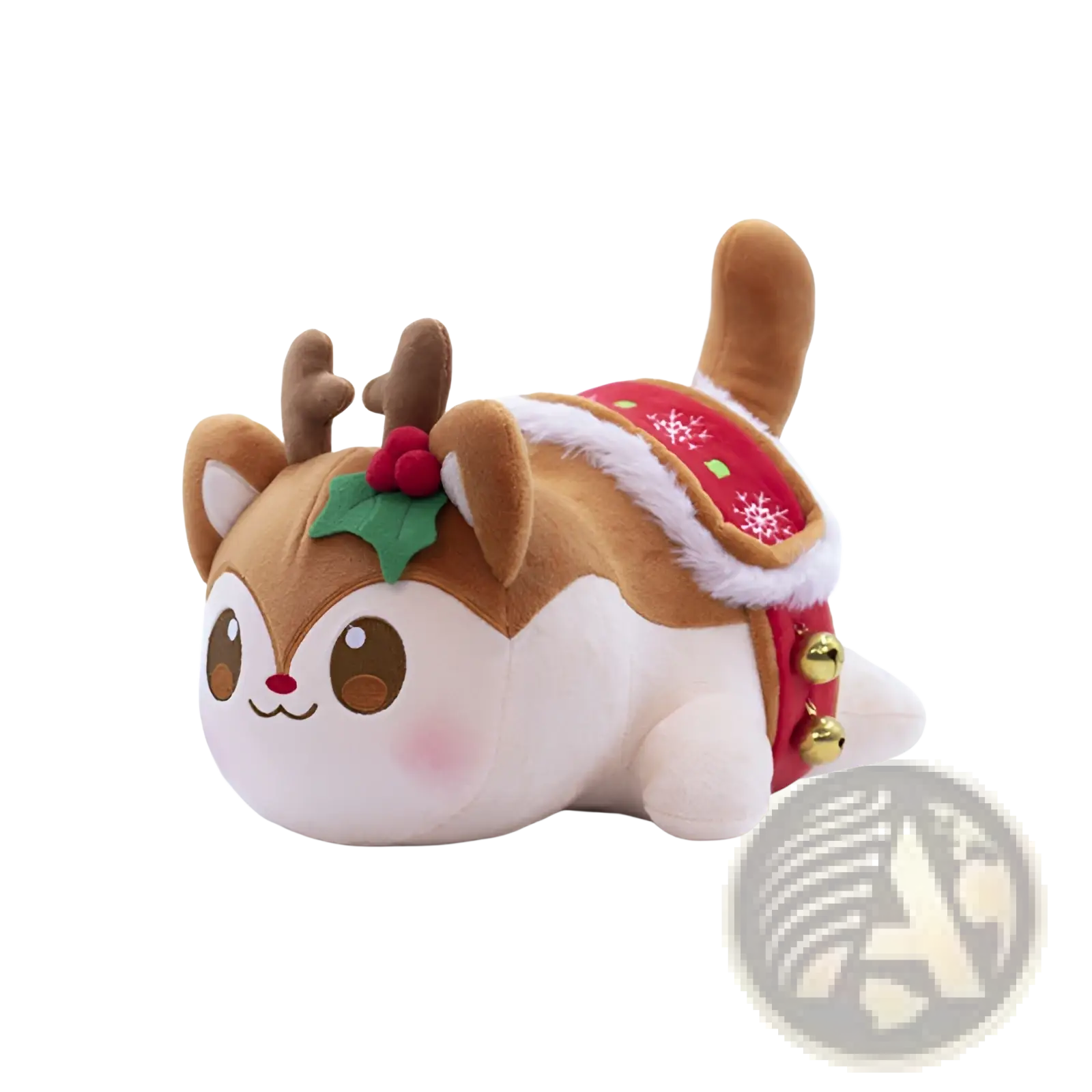 Cute brown and white plush reindeer cat wearing a red holiday sweater with snowflake patterns and gold bells 25cm