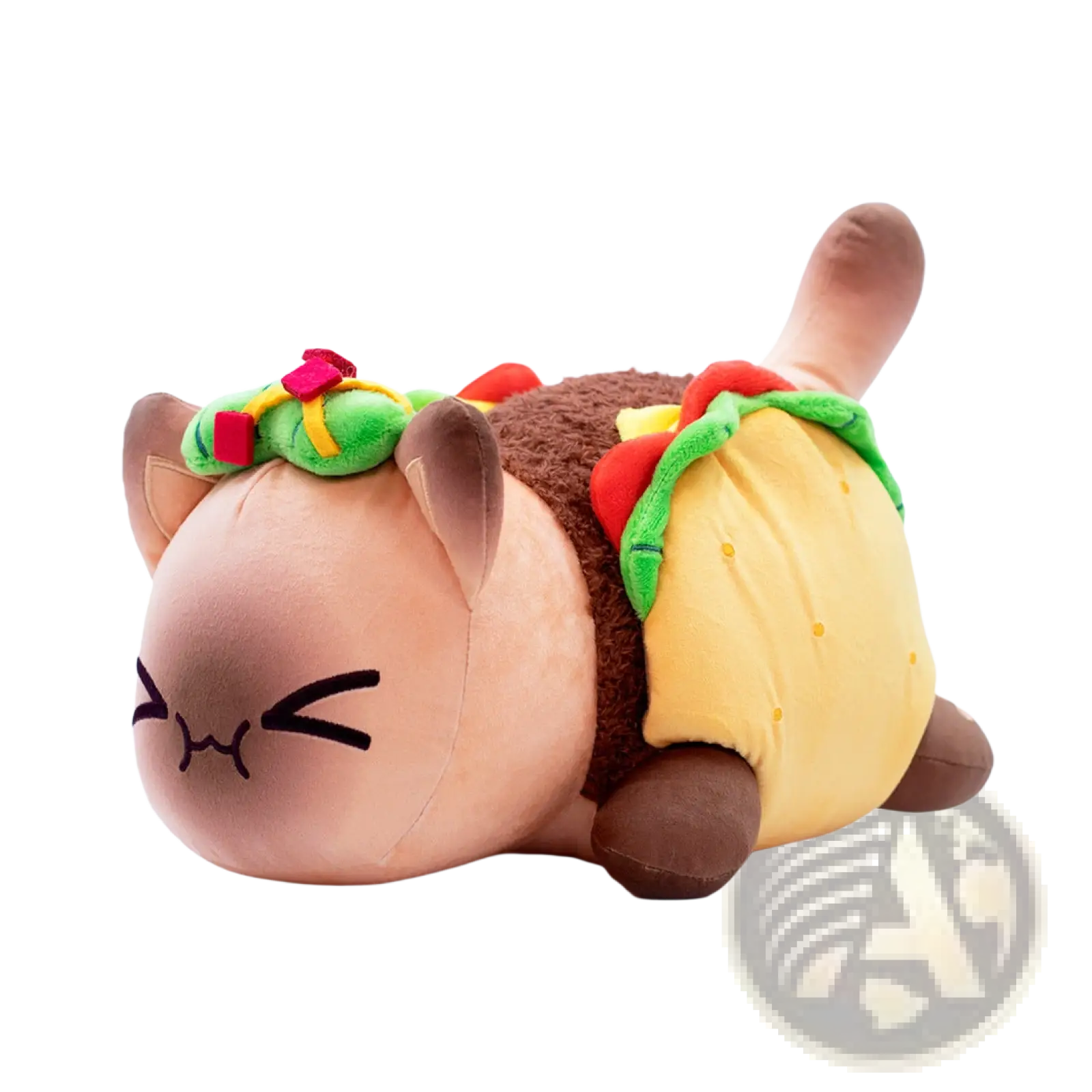 Cute tan plush cat stuffed animal toy for kids wearing taco costume with yellow tortilla and colorful fillings 25cm