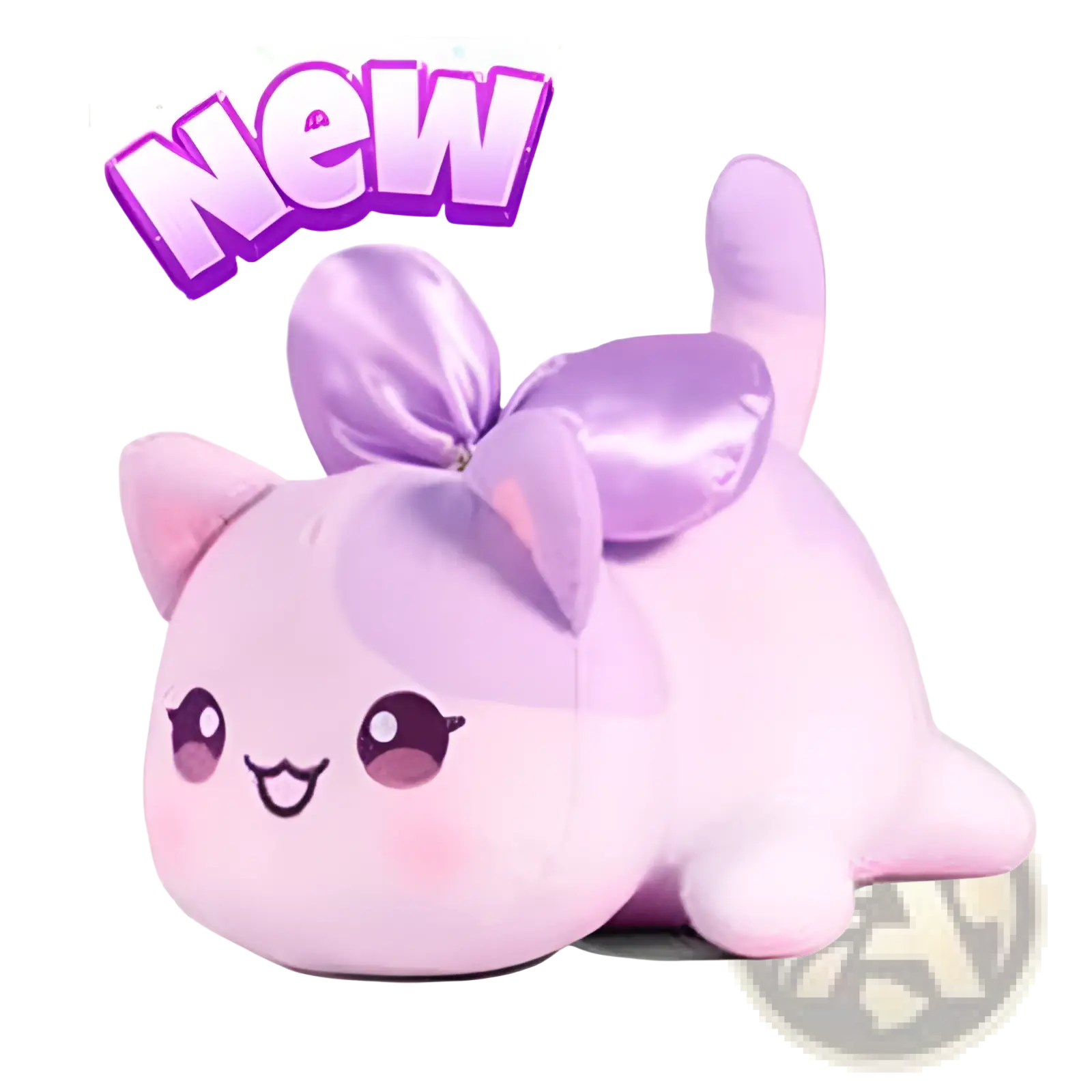 A plush pink cat stuffed animal toy 25cm with soft fabric and a shiny purple bow for kids