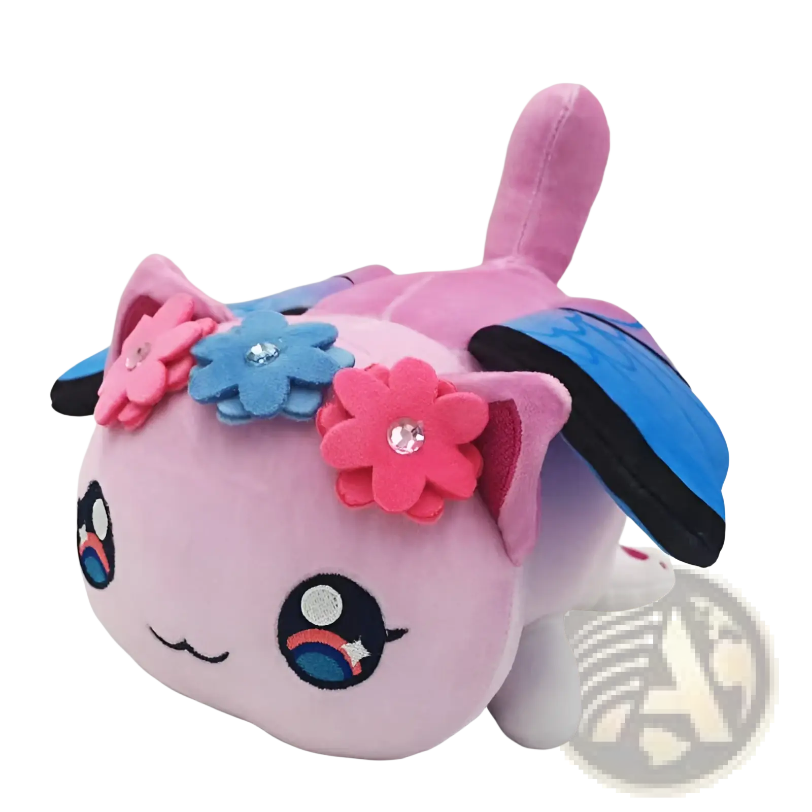 Pink plush cat stuffed animal toy for kids 25cm with blue and pink felt flower headband and embroidered eyes