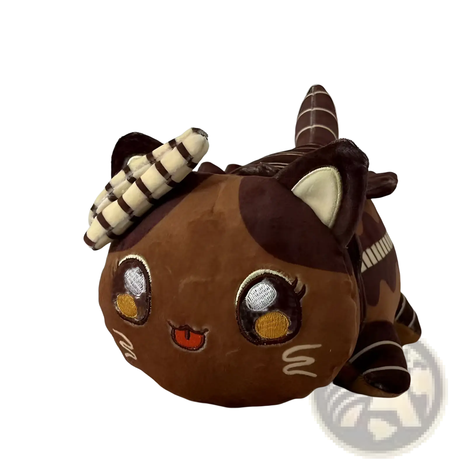 A plush chocolate-themed cat stuffed animal toy for kids with brown and white stripes embroidered eyes and red tongue