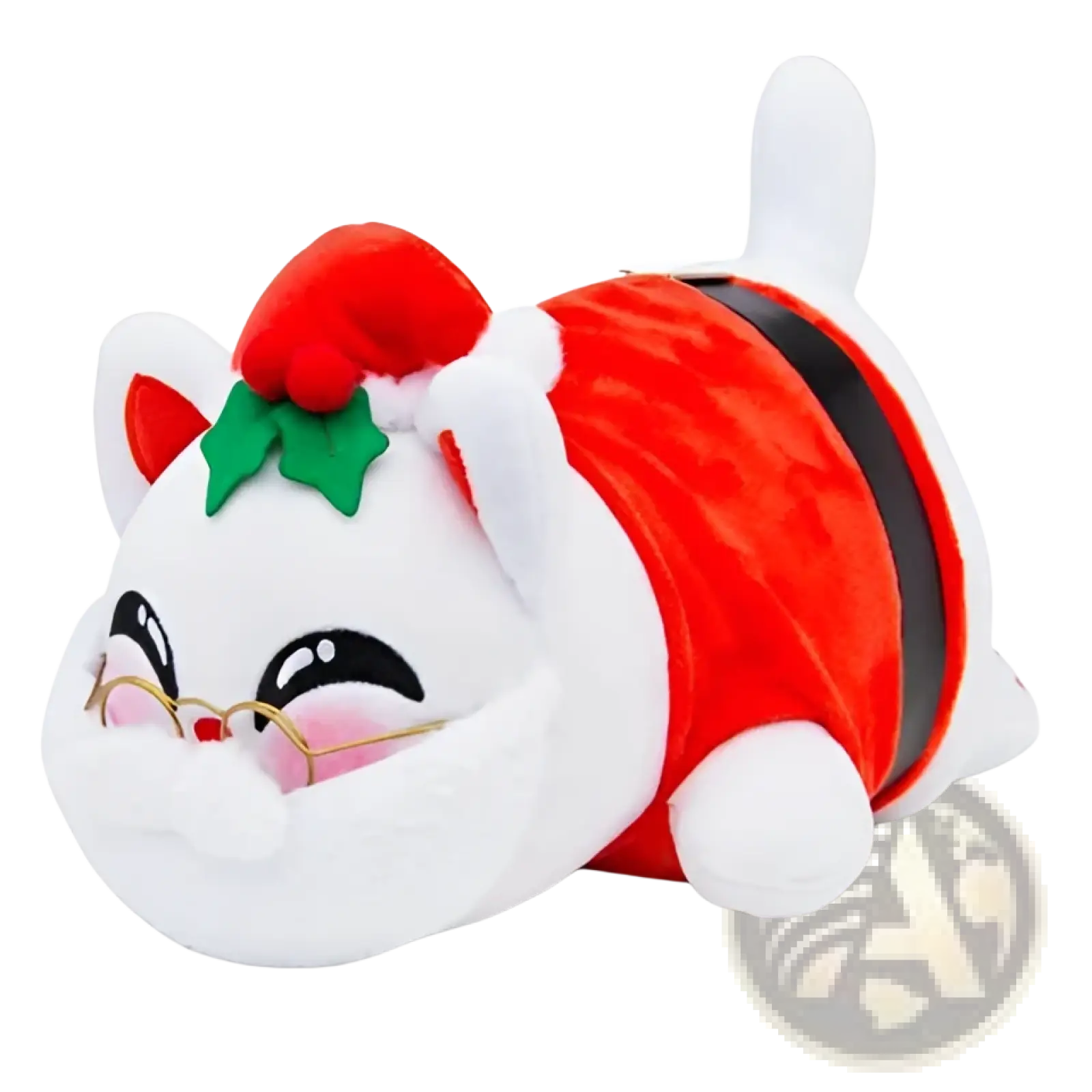 A plush white cat stuffed animal toy for kids 25cm wearing a red velvet santa outfit with green holly accent