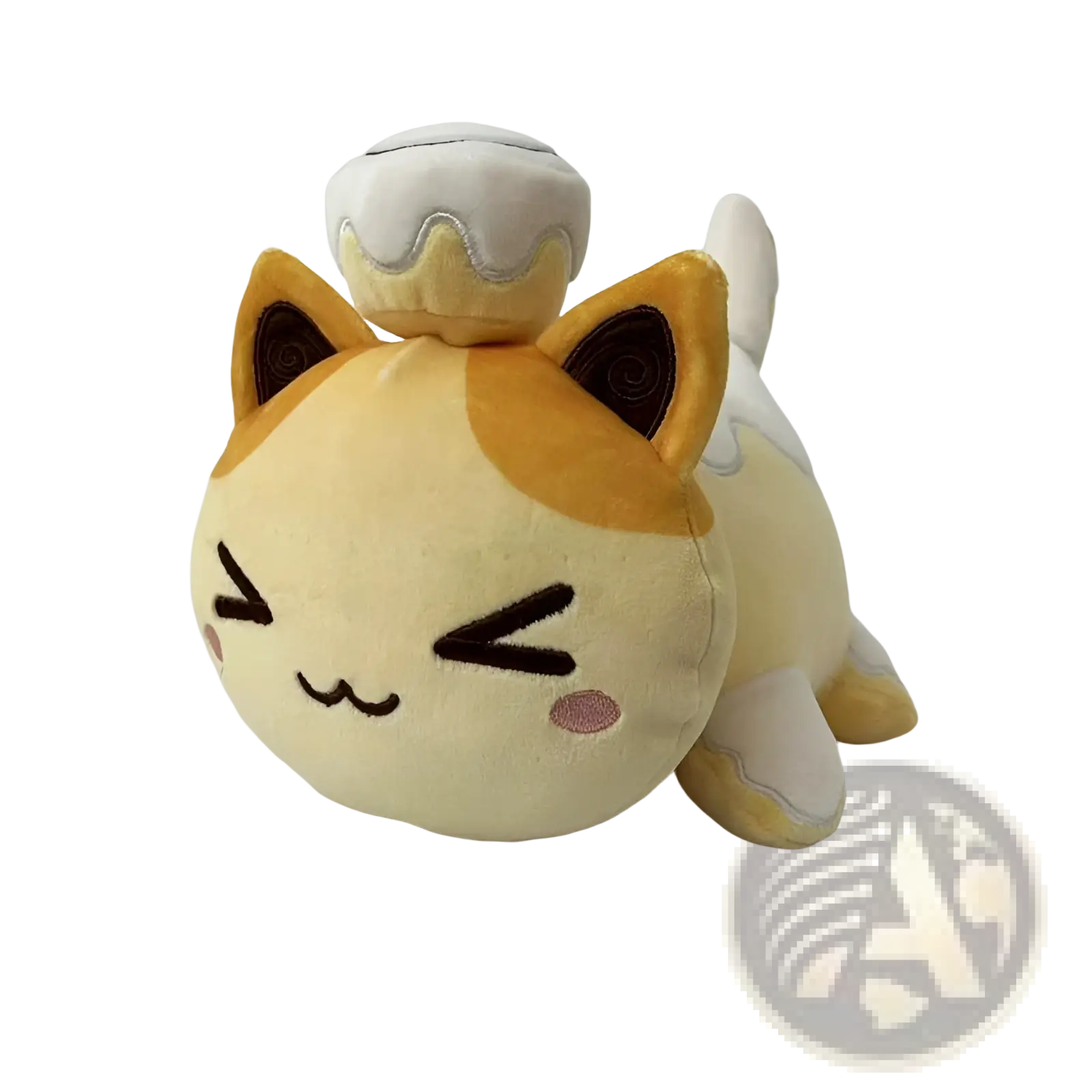 Cute cream and orange cat plush stuffed animal toy with embroidered eyes and a white frosting cake on its head 25cm
