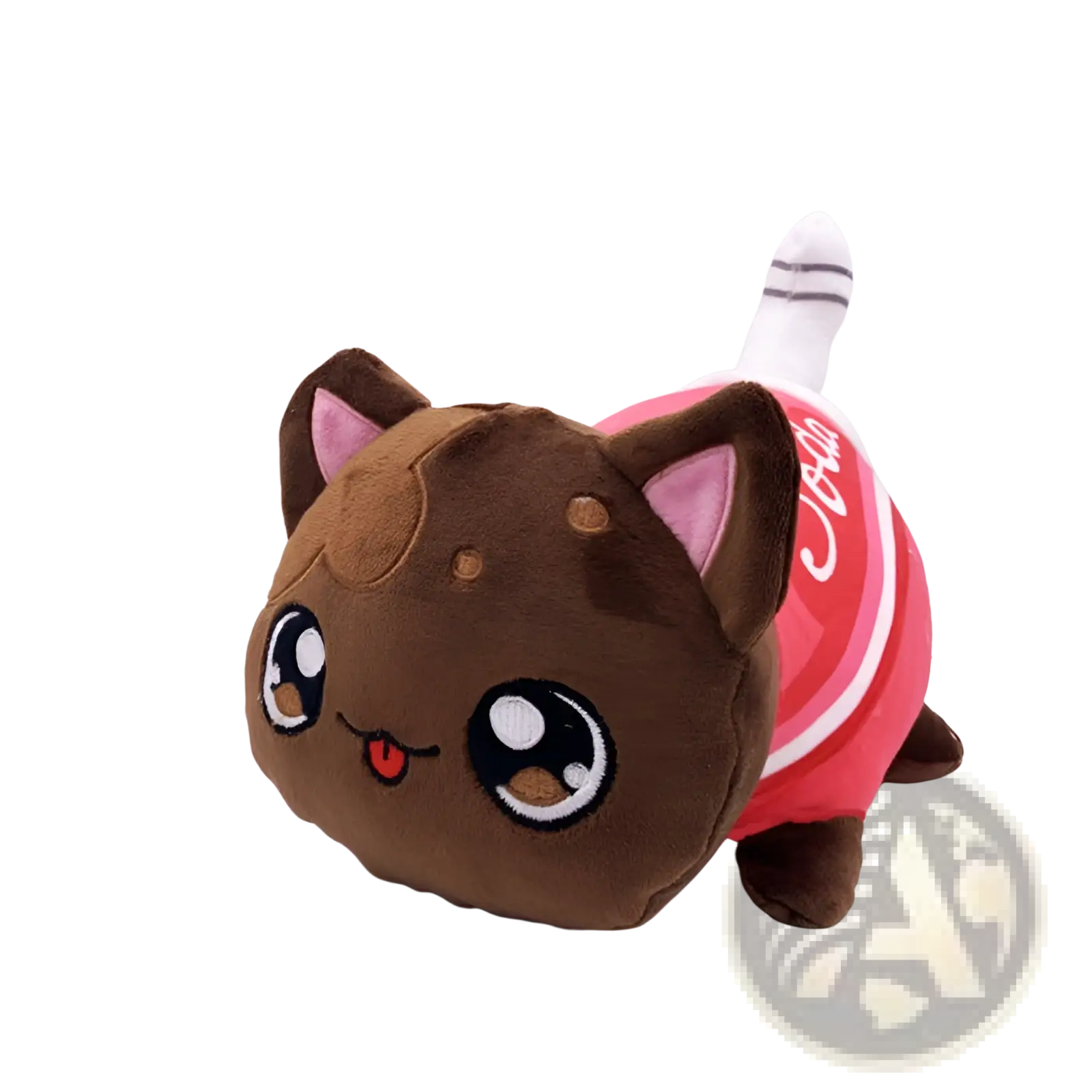 Brown plush cat stuffed animal toy 25cm with pink inner ears red coca-cola branded shirt embroidered eyes and tongue