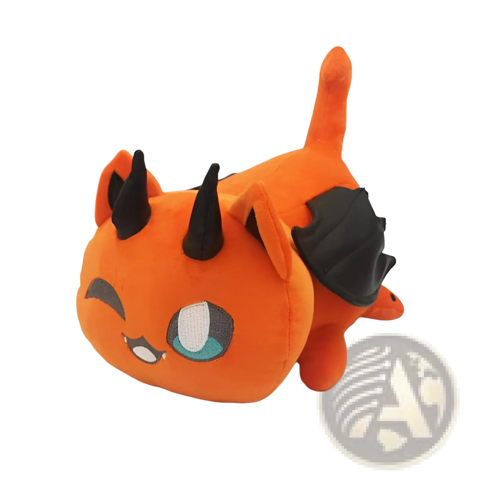 Orange plush cat stuffed animal toy with black horns and wings, winking face, and teal eyes for kids 25cm tall