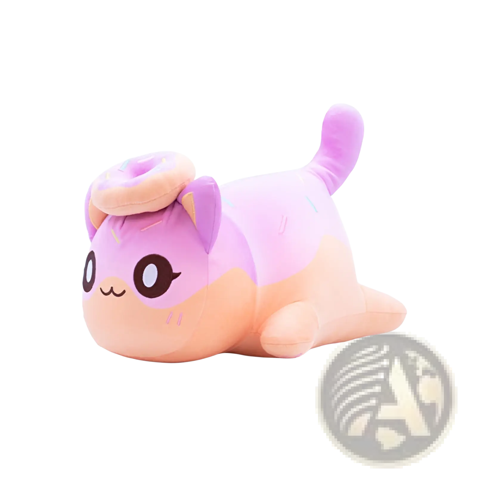 A plush pink and peach cat stuffed animal toy with a donut on its head made of soft fabric, 25cm for kids