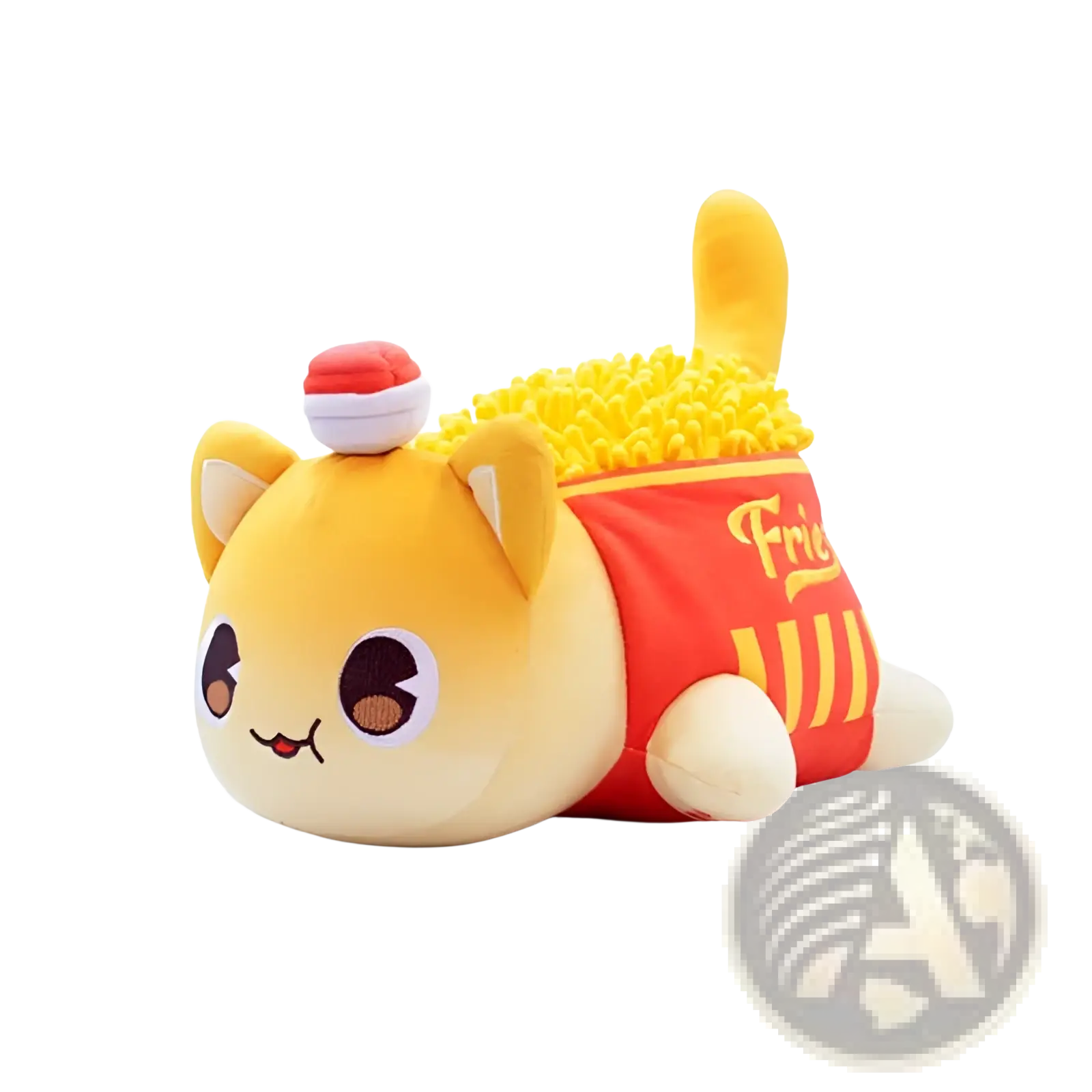 Cat plush stuffed animal toy for kids 25cm in yellow fabric shaped like a french fry container with fuzzy fries and a red hat