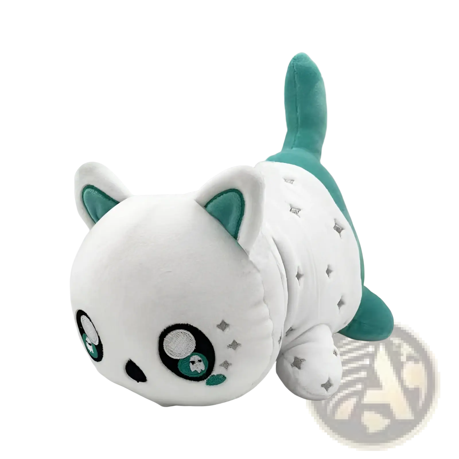 Cat plush stuffed animal toy for kids 25cm featuring a white plush with teal accents and embroidered star details