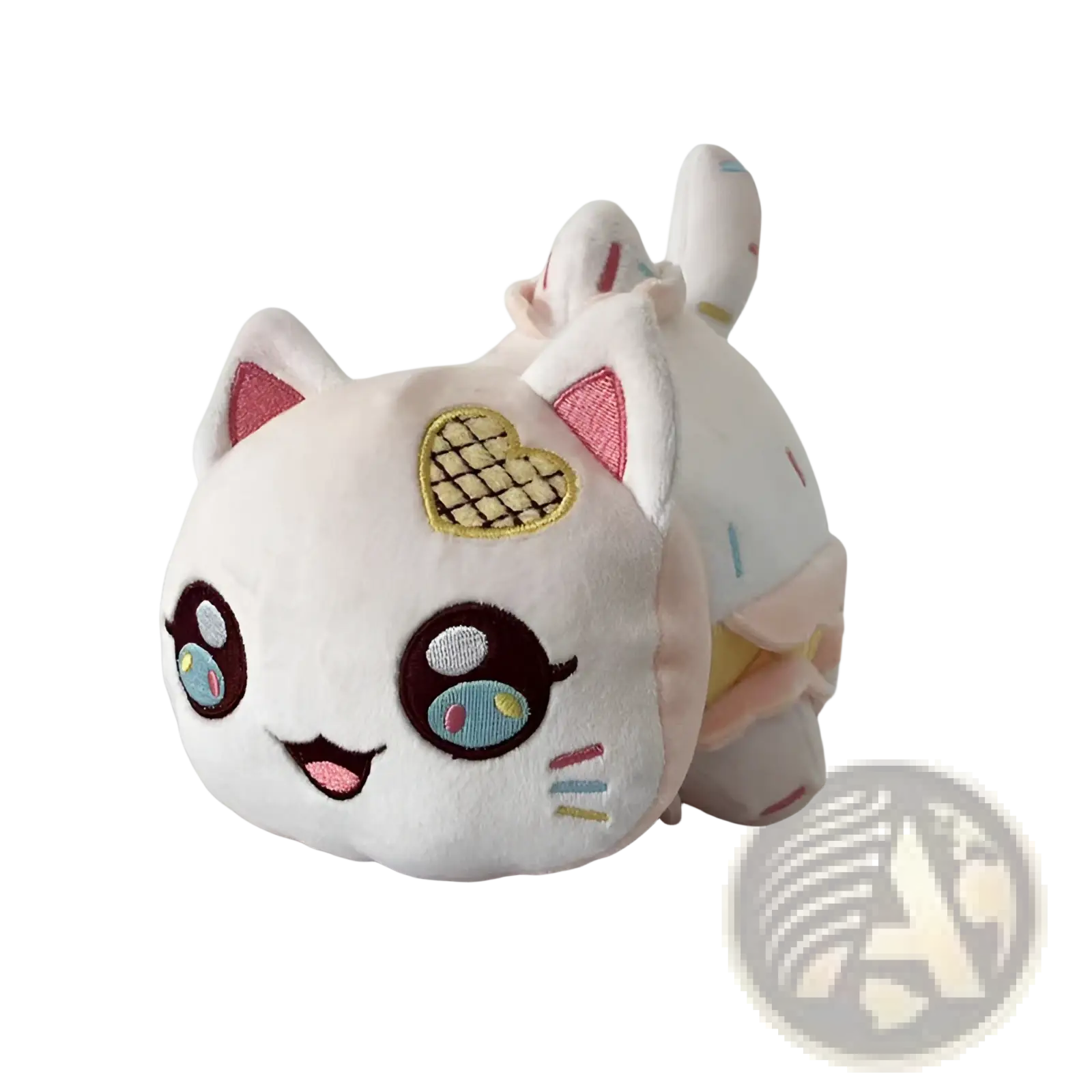 Cat plush stuffed animal toy for kids 25cm featuring a white plush body with pink inner ears and heart-shaped waffle design