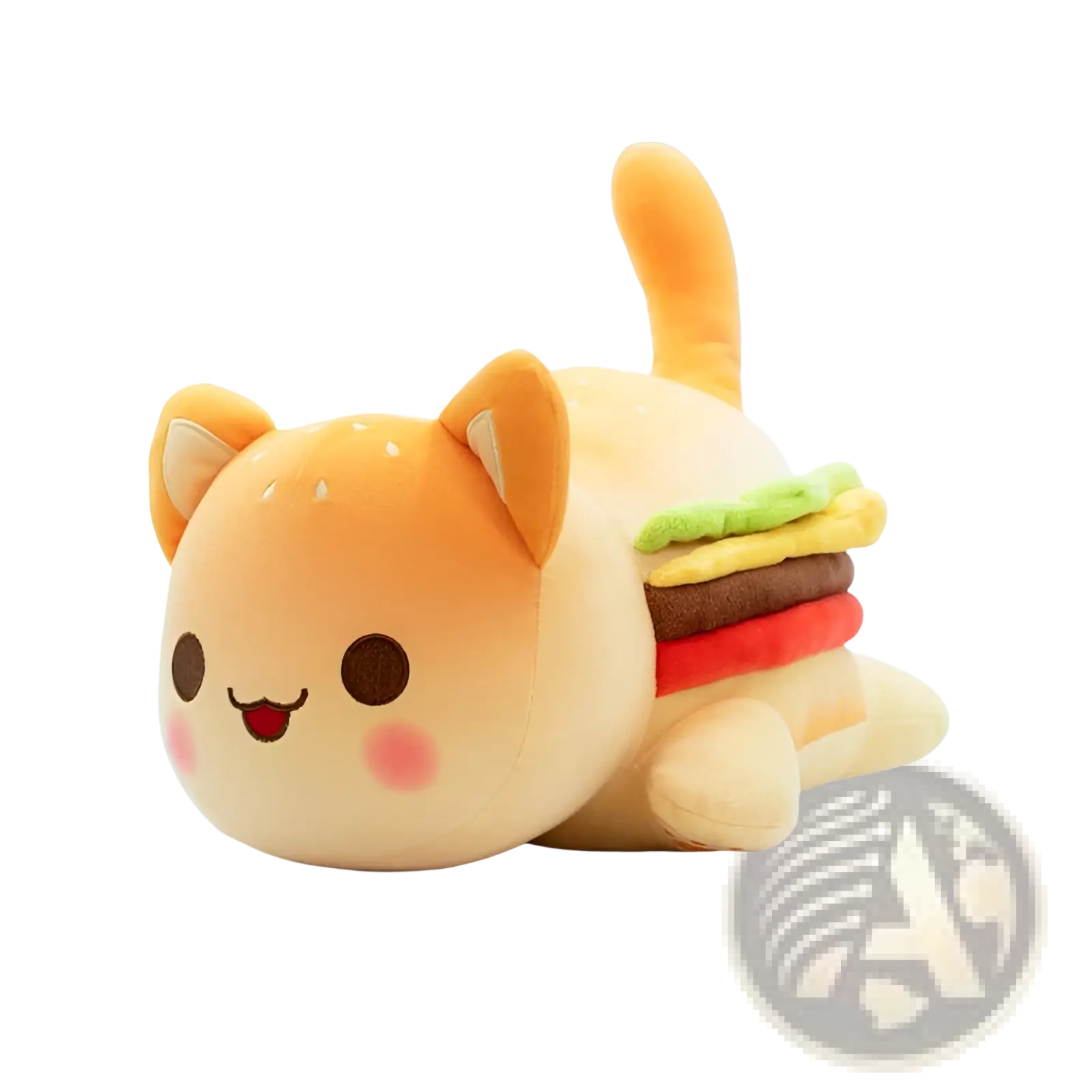 Cute beige plush cat stuffed animal toy for kids 25cm showing hamburger design with lettuce cheese patty and tomato on back
