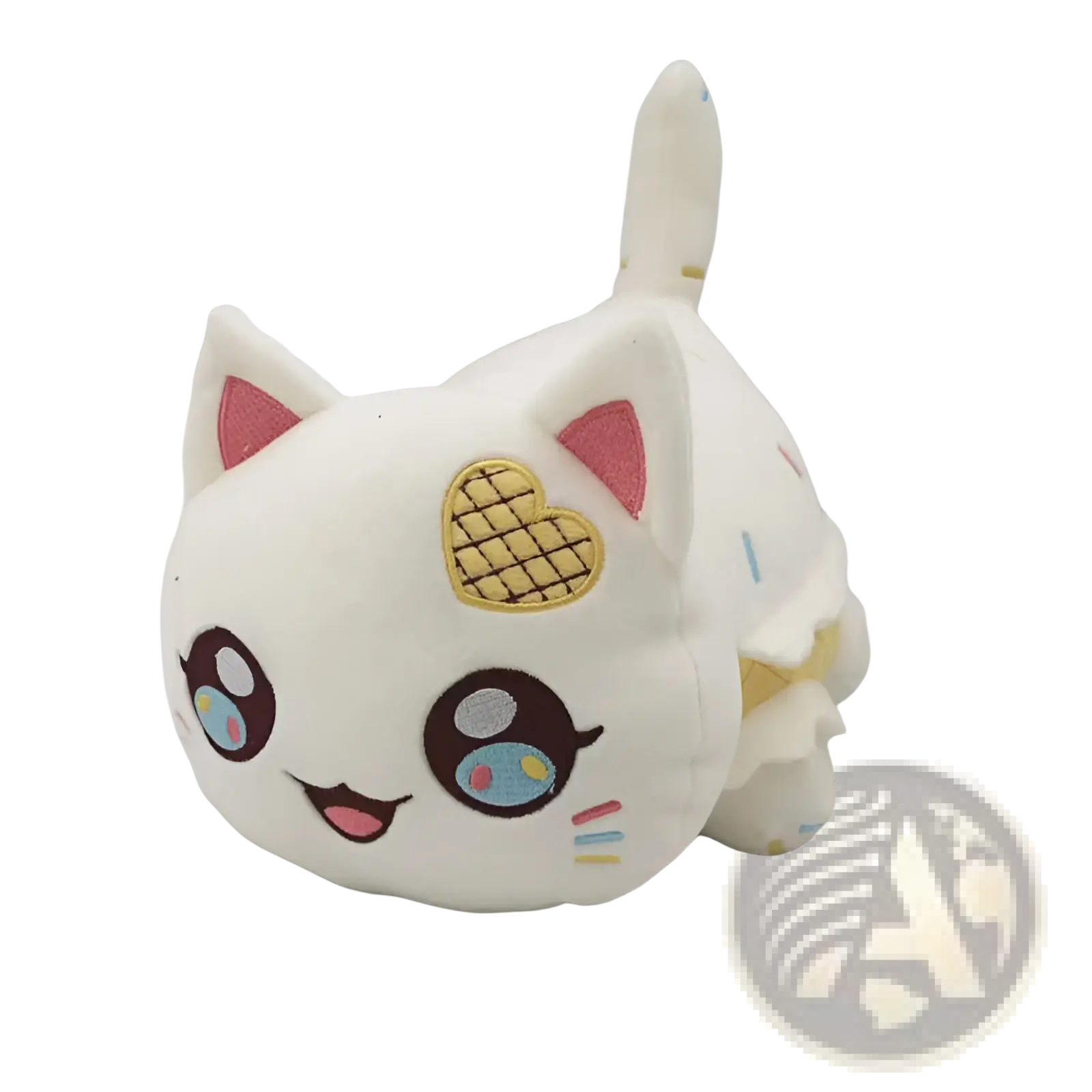 White plush cat stuffed animal toy for kids 25cm with pink ears embroidered golden waffle heart and colorful eyes