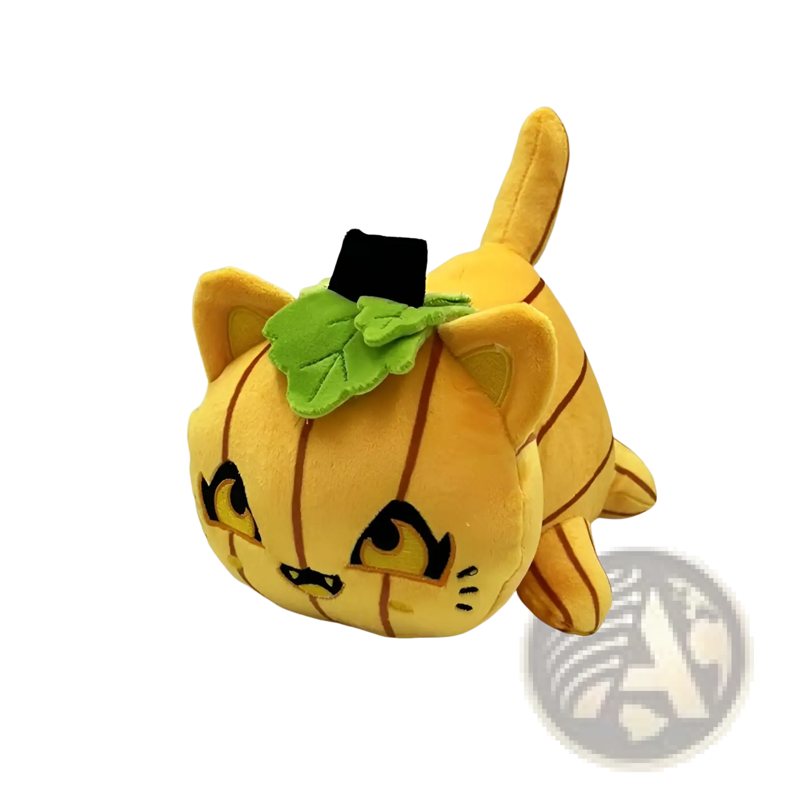 Cat plush stuffed animal toy 25cm yellow pumpkin shaped with brown stitched stripes green leaf and black top hat details