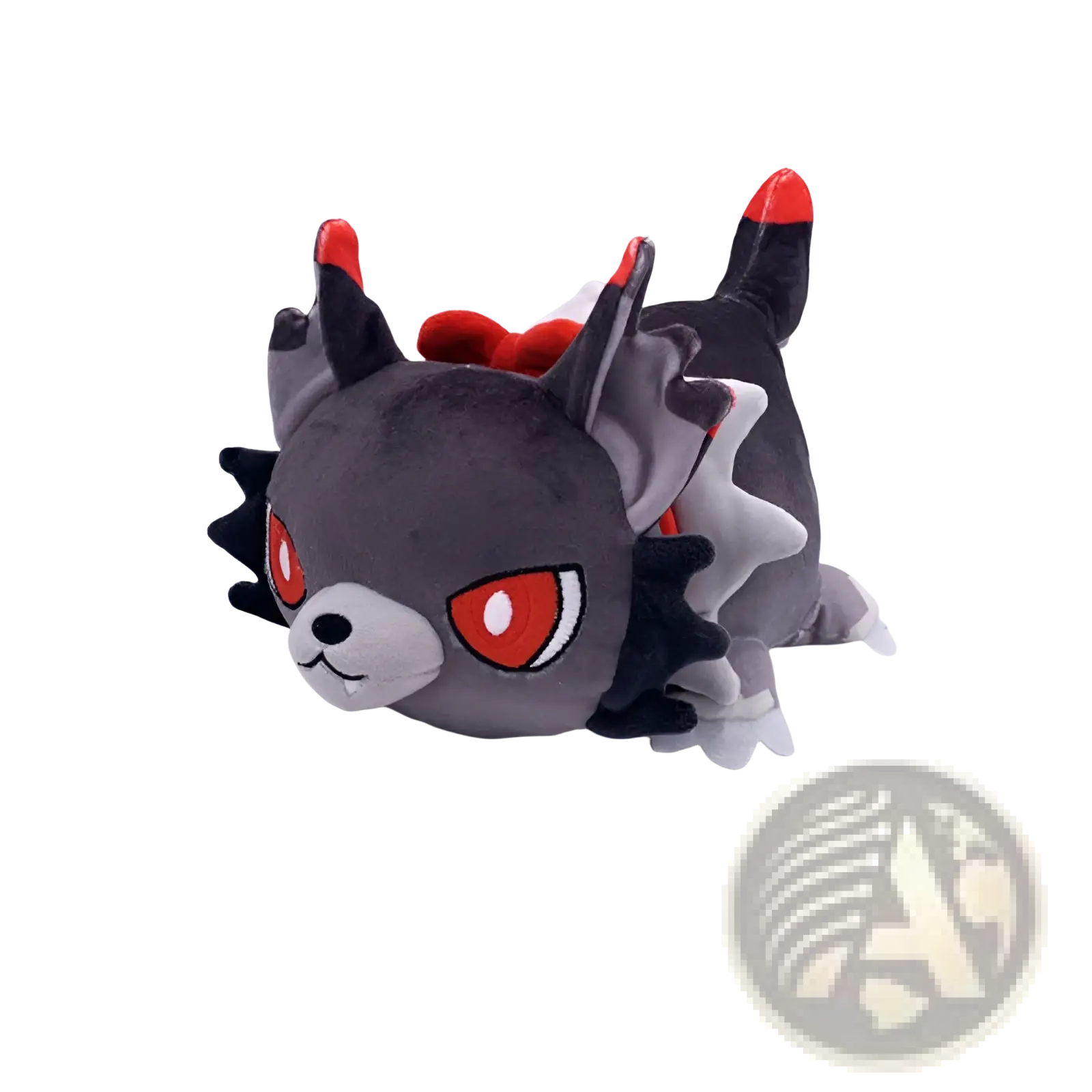 A plush stuffed animal toy of Zorua with dark gray body, red eyes, and accents, measuring 25cm for kids