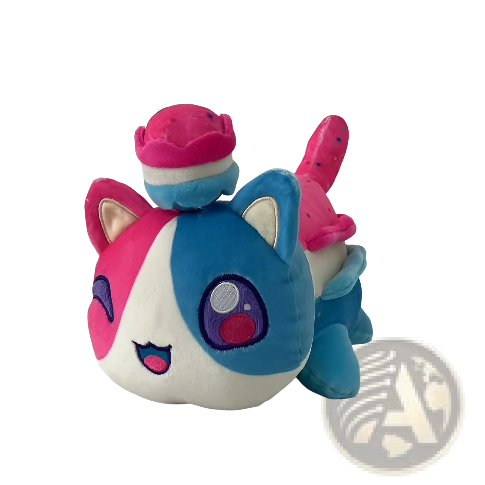Cat plush stuffed animal toy for kids 25cm featuring a pink and blue plush cat with white accents and a cupcake hat