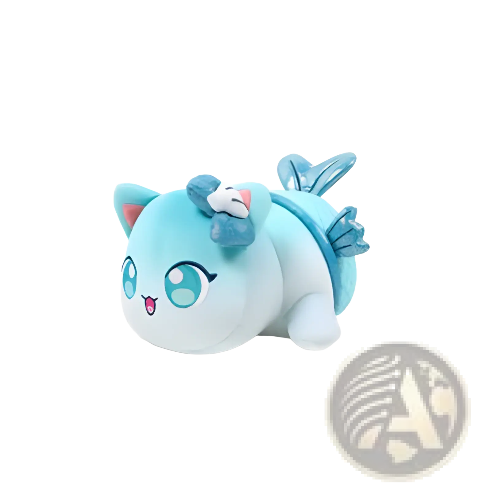 A soft light blue cat plush stuffed animal toy for kids with fish-like fins and sparkling teal eyes 25cm