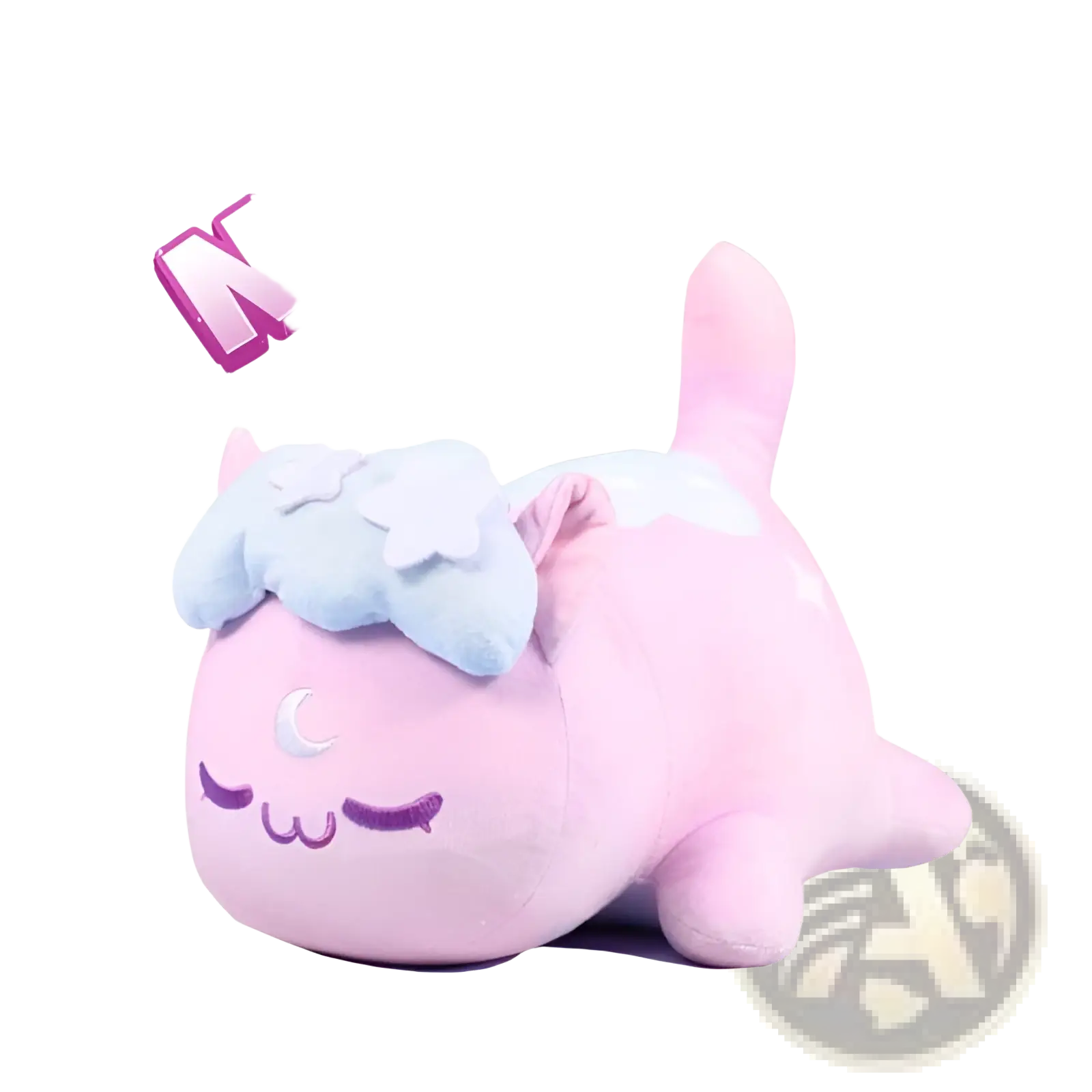 Pink plush cat stuffed animal toy for kids with light blue cloud-like hair and white crescent moon on face 25cm