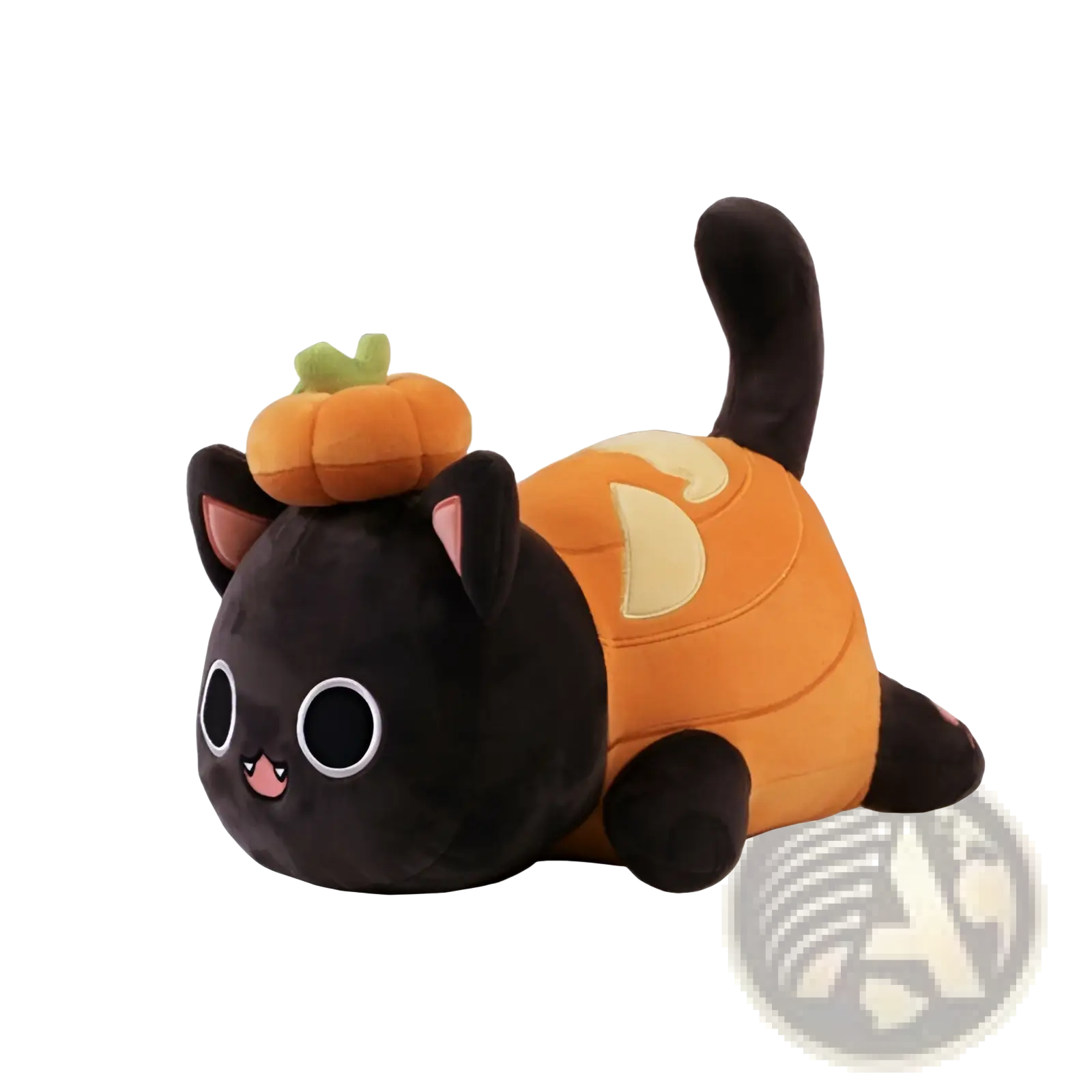Cute black plush cat stuffed animal toy for kids 25cm wearing orange pumpkin costume with green-stemmed pumpkin hat