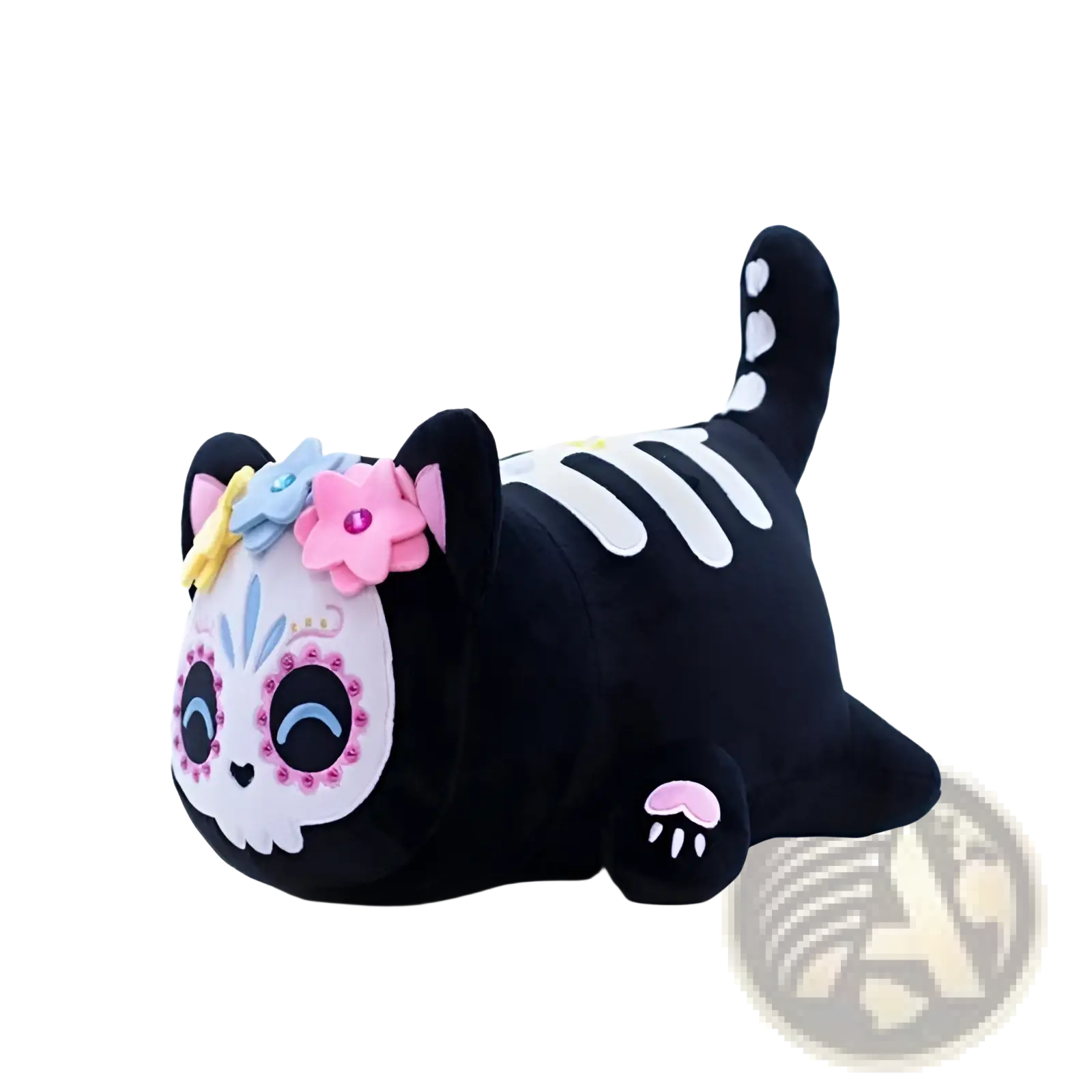 Black plush cat stuffed animal toy for kids 25cm with sugar skull face white skeletal ribs and pink paw pads