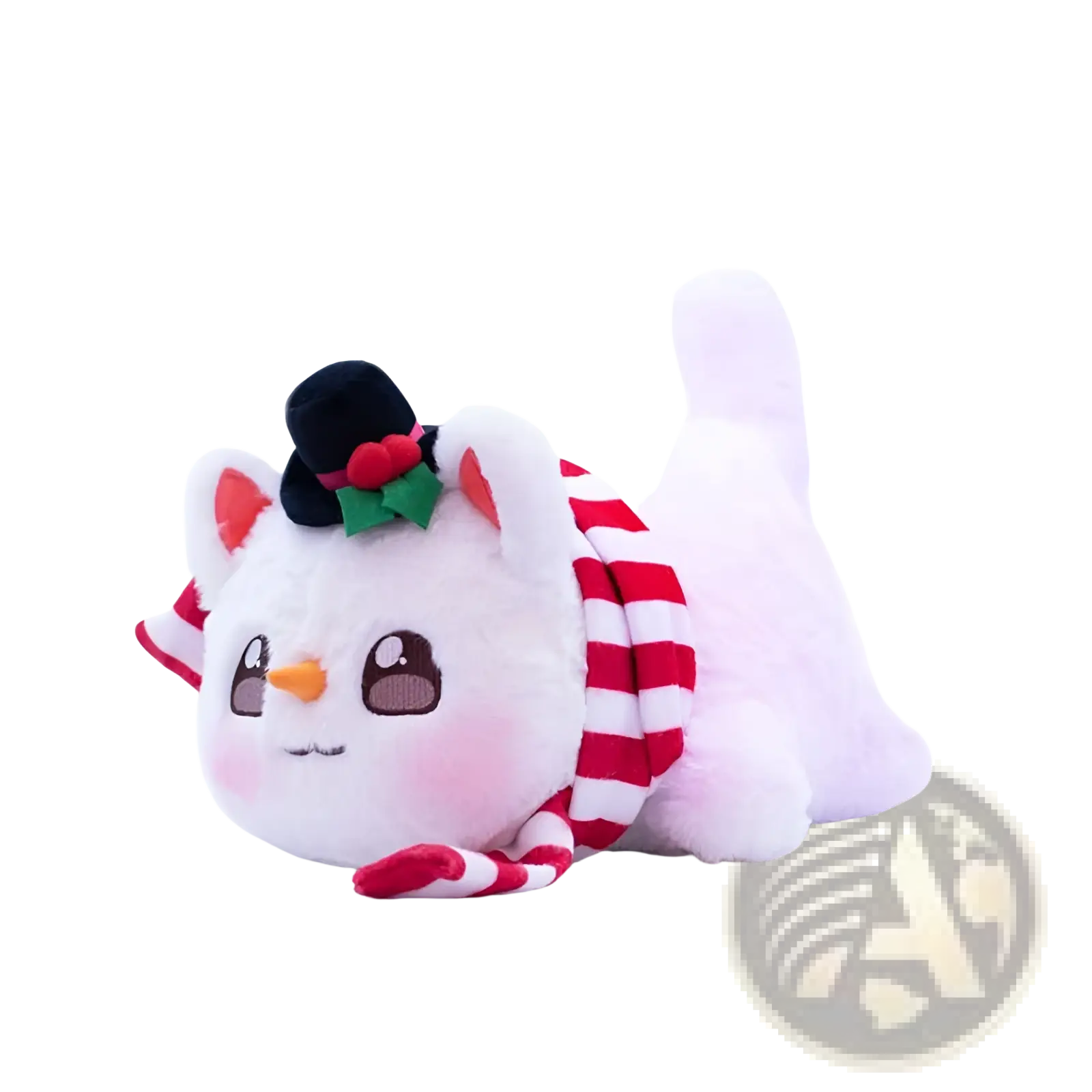 A plush white cat stuffed animal toy with pink cheeks wearing a red and white striped scarf and black top hat with holly