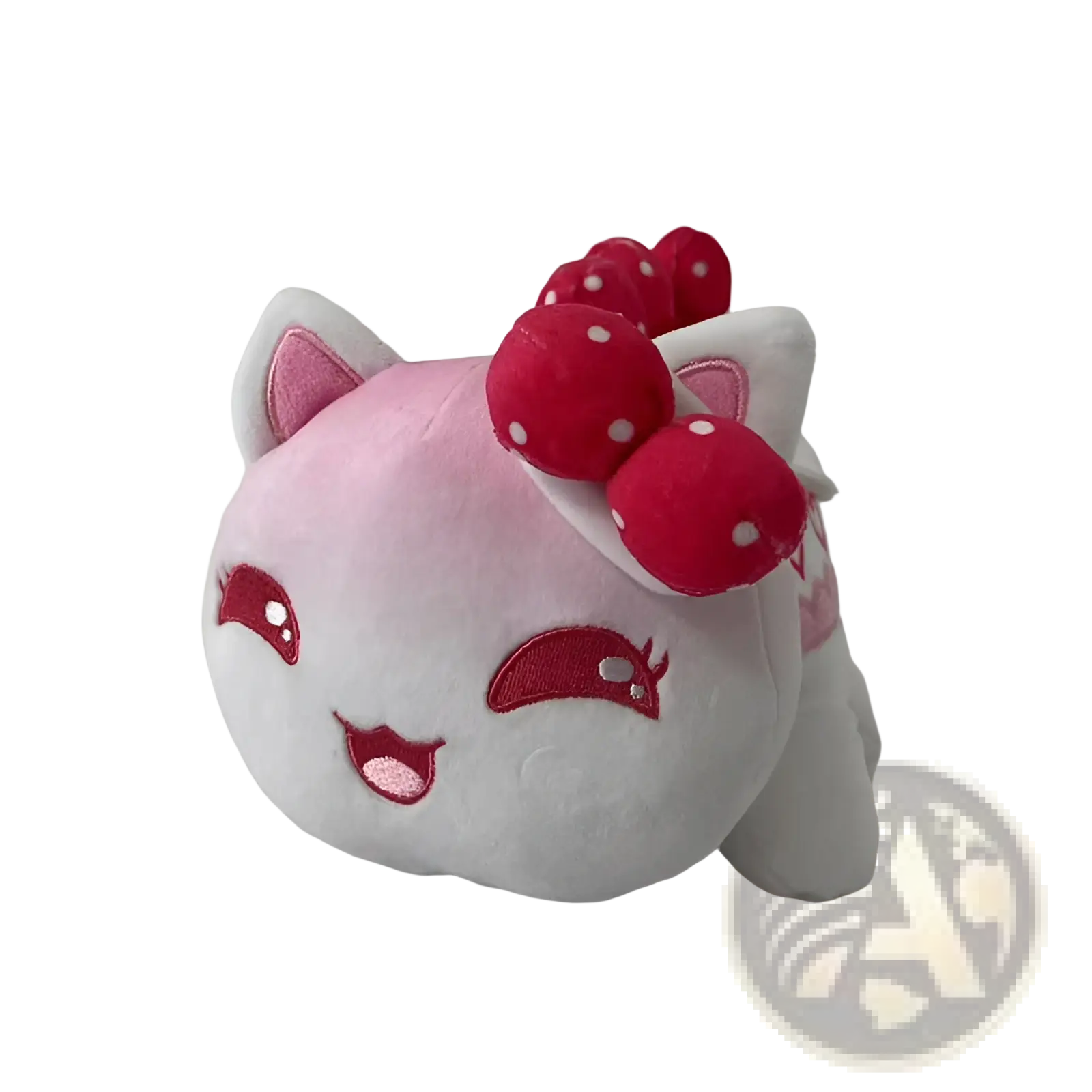 A plush pink and white cat stuffed animal toy with embroidered red eyes and a red polka-dotted bow for kids 25cm
