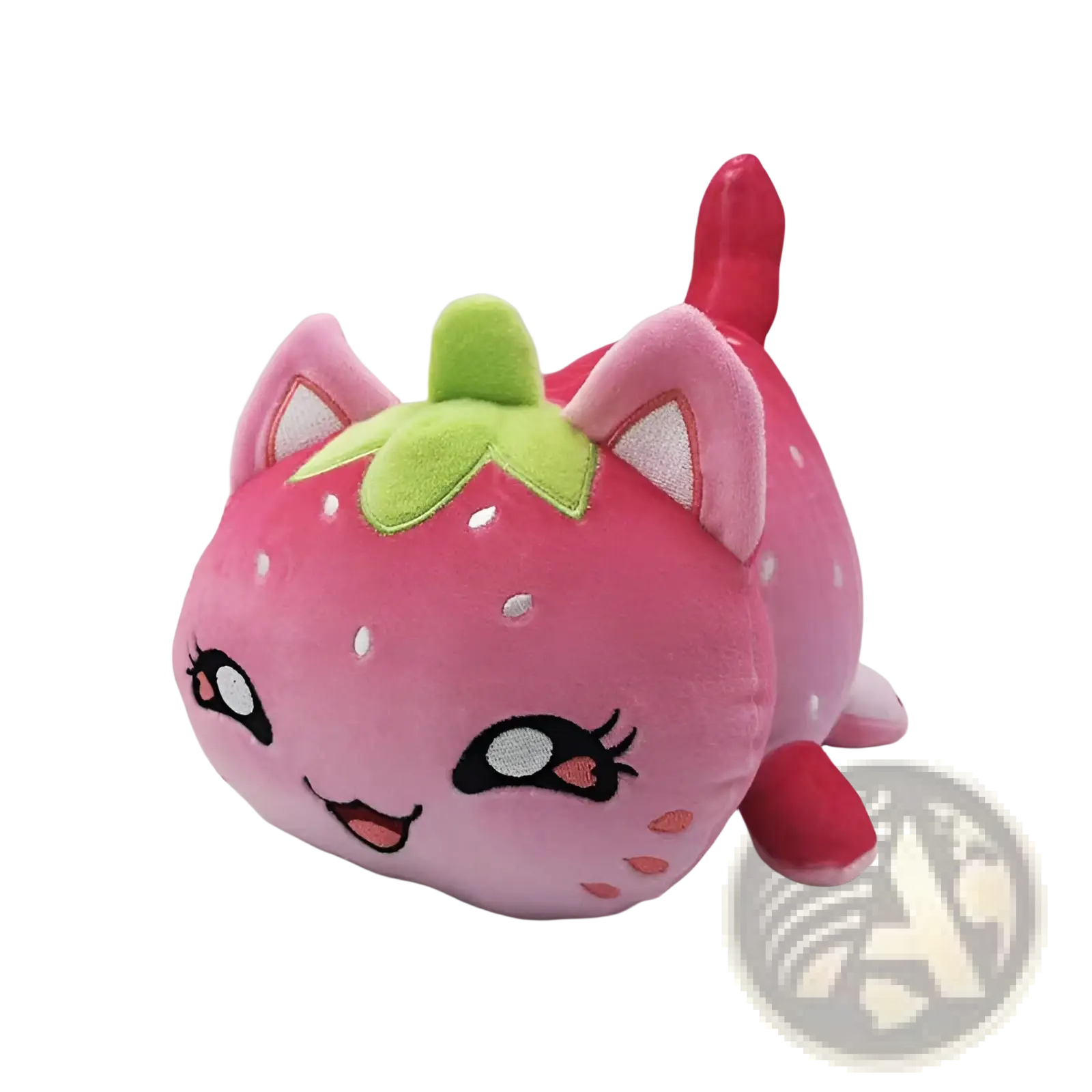 Cat plush stuffed animal toy for kids 25cm with pink fur white embroidered eyes and green leafy strawberry theme