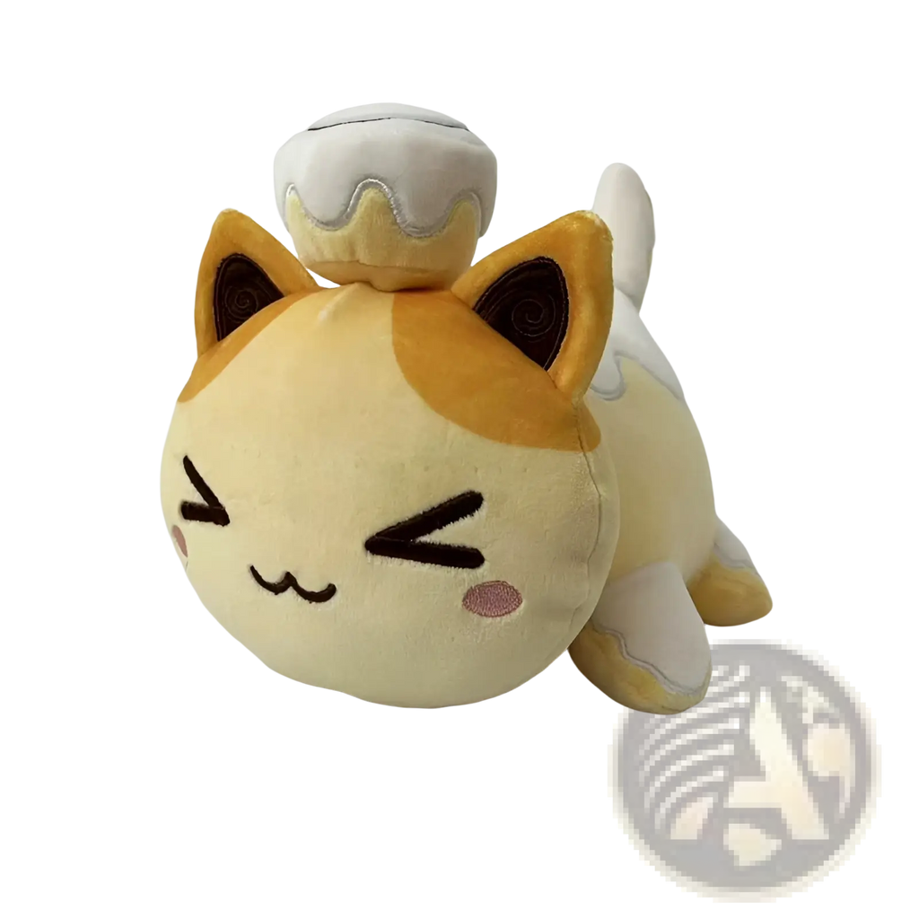 Cute cream and orange plush cat stuffed animal toy with embroidered eyes and cake decoration for kids 25cm tall