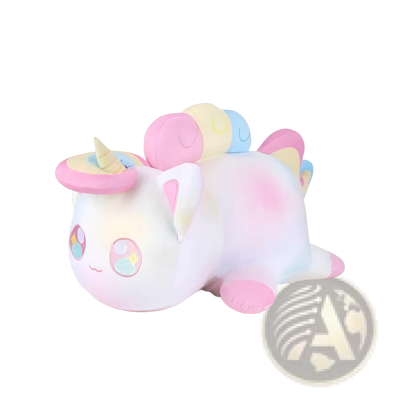 Pastel-colored cat plush stuffed animal toy with rainbow mane and tail soft fabric with pink accents 25cm