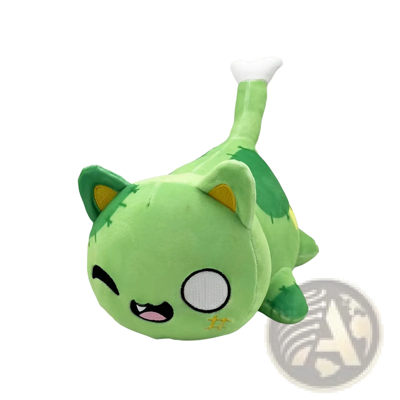 A plush green cat stuffed animal toy for kids 25cm with stitched details yellow inner ears and a white bone-tipped tail