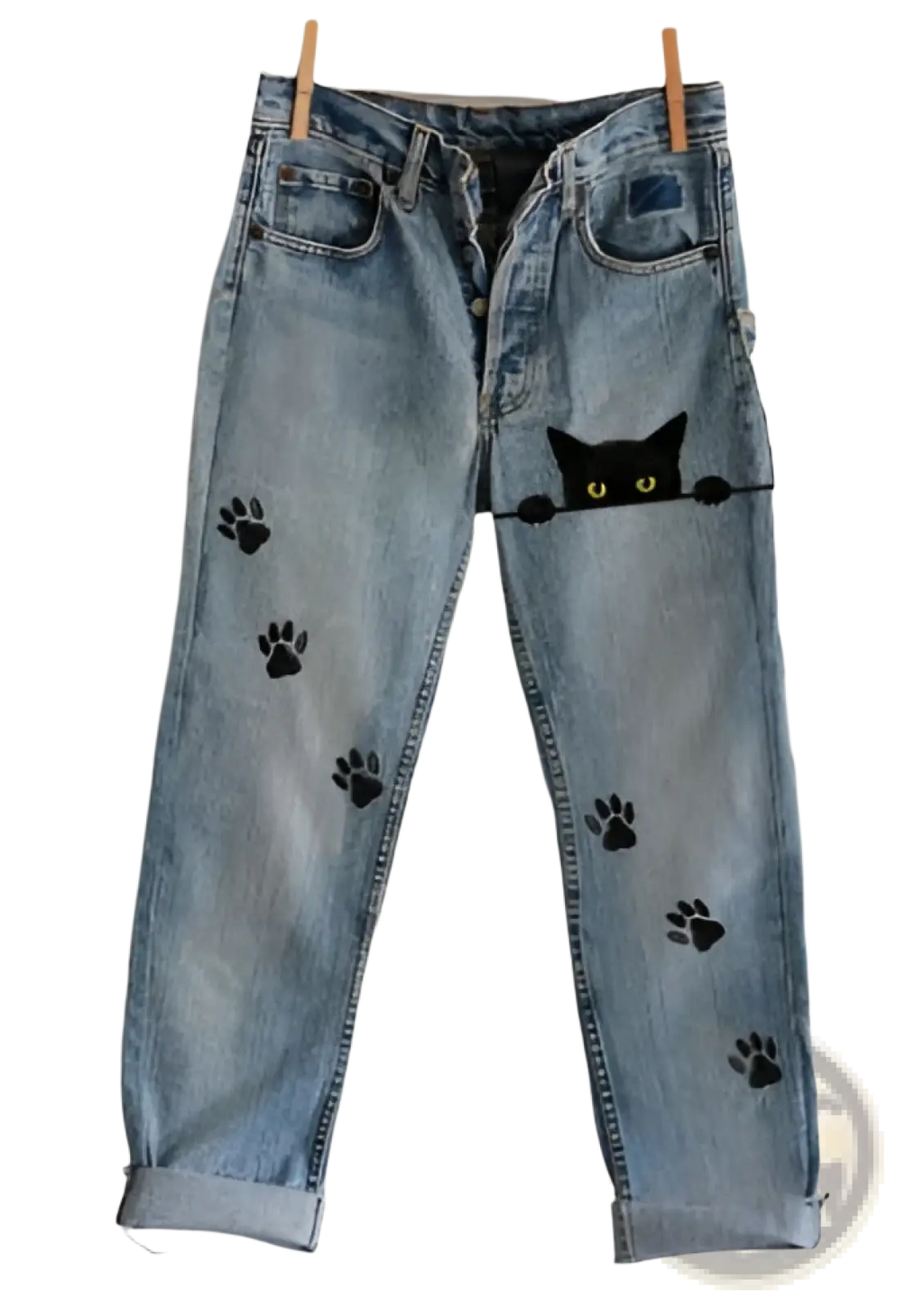 Light-wash faux denim flared trousers with black cat paw prints and a peeking black cat face design
