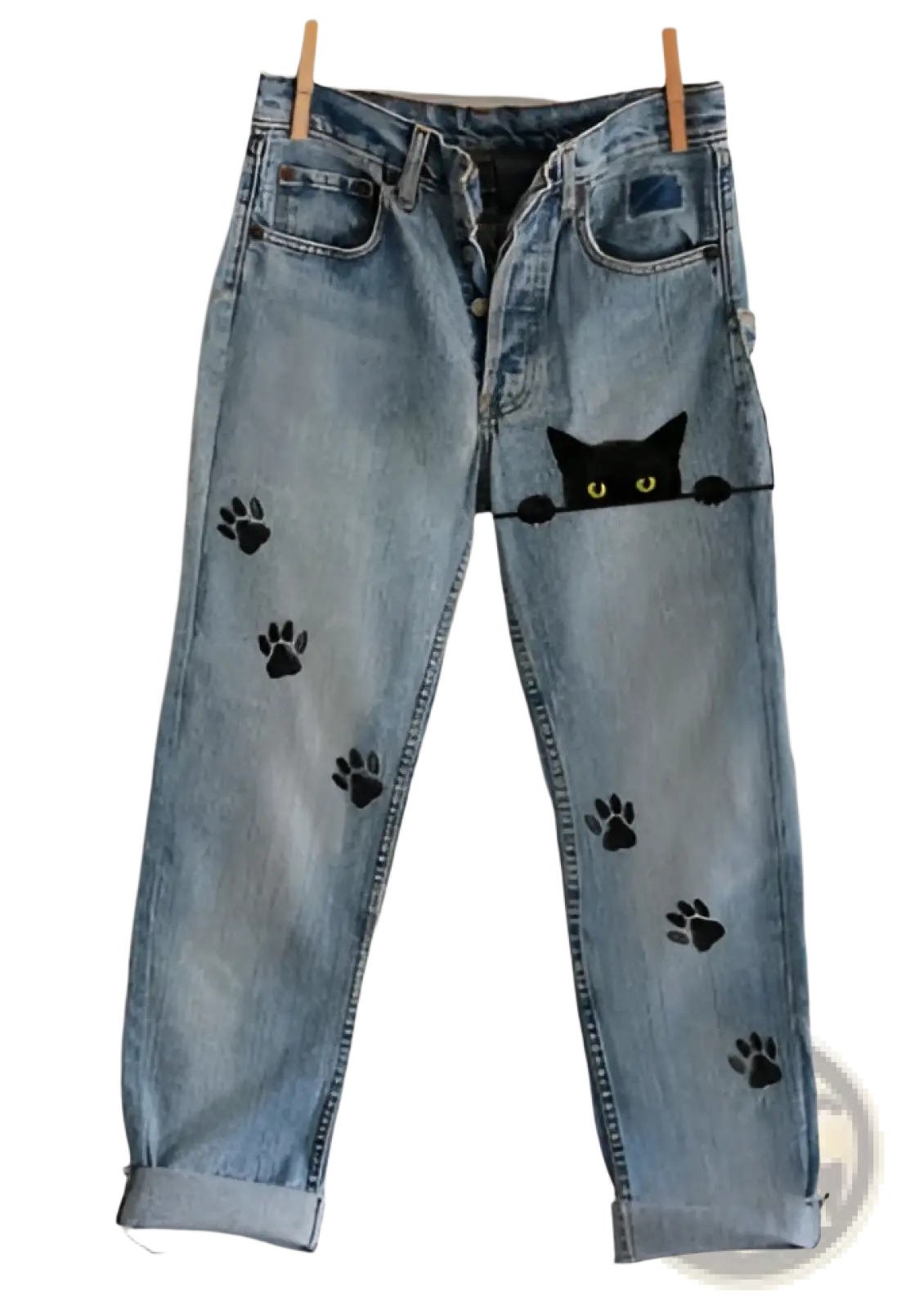 Light-wash faux denim flared trousers with black cat paw prints and a peeking black cat face design
