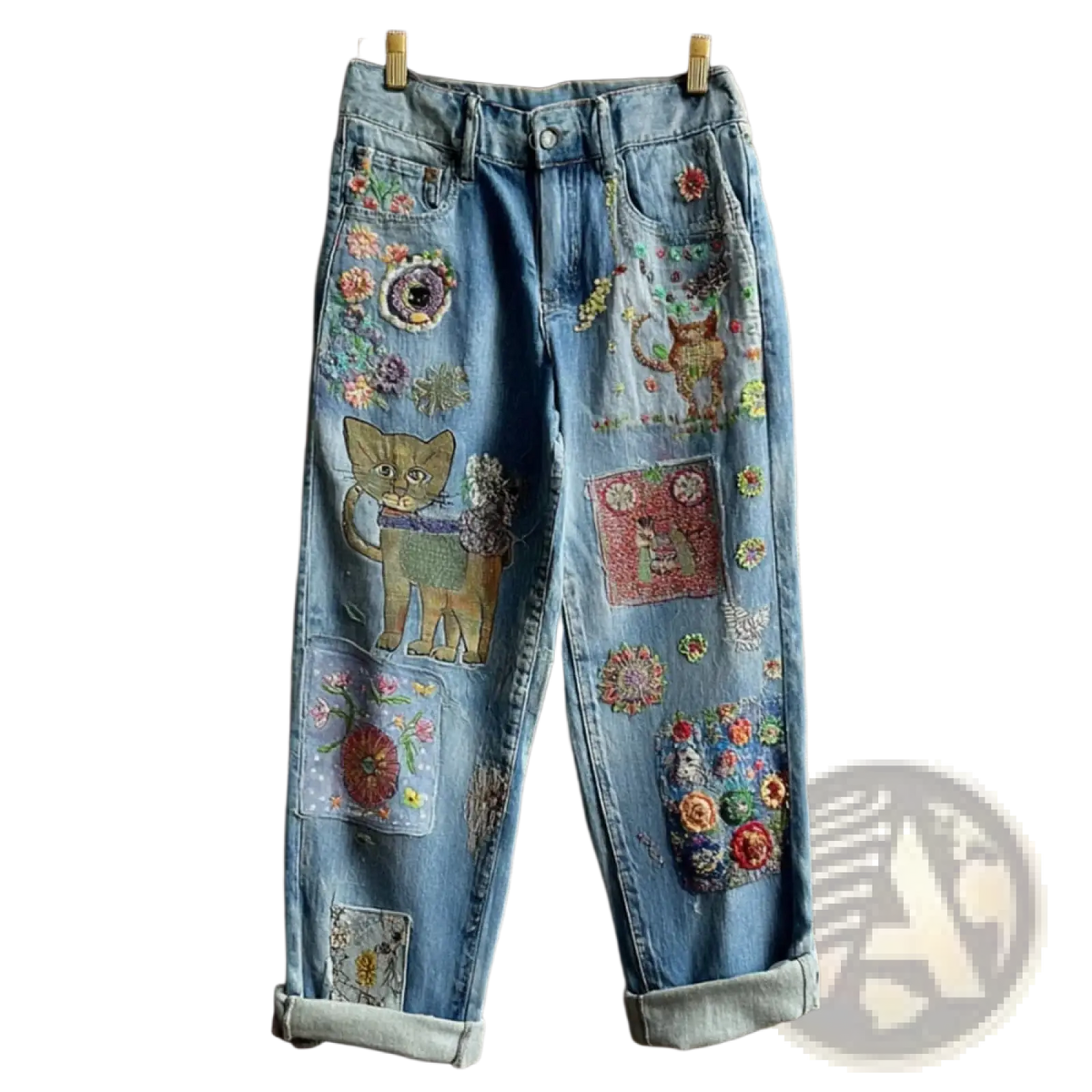 Cat print faux denim flared trousers in light-wash denim with colorful embroidered cat and floral patches